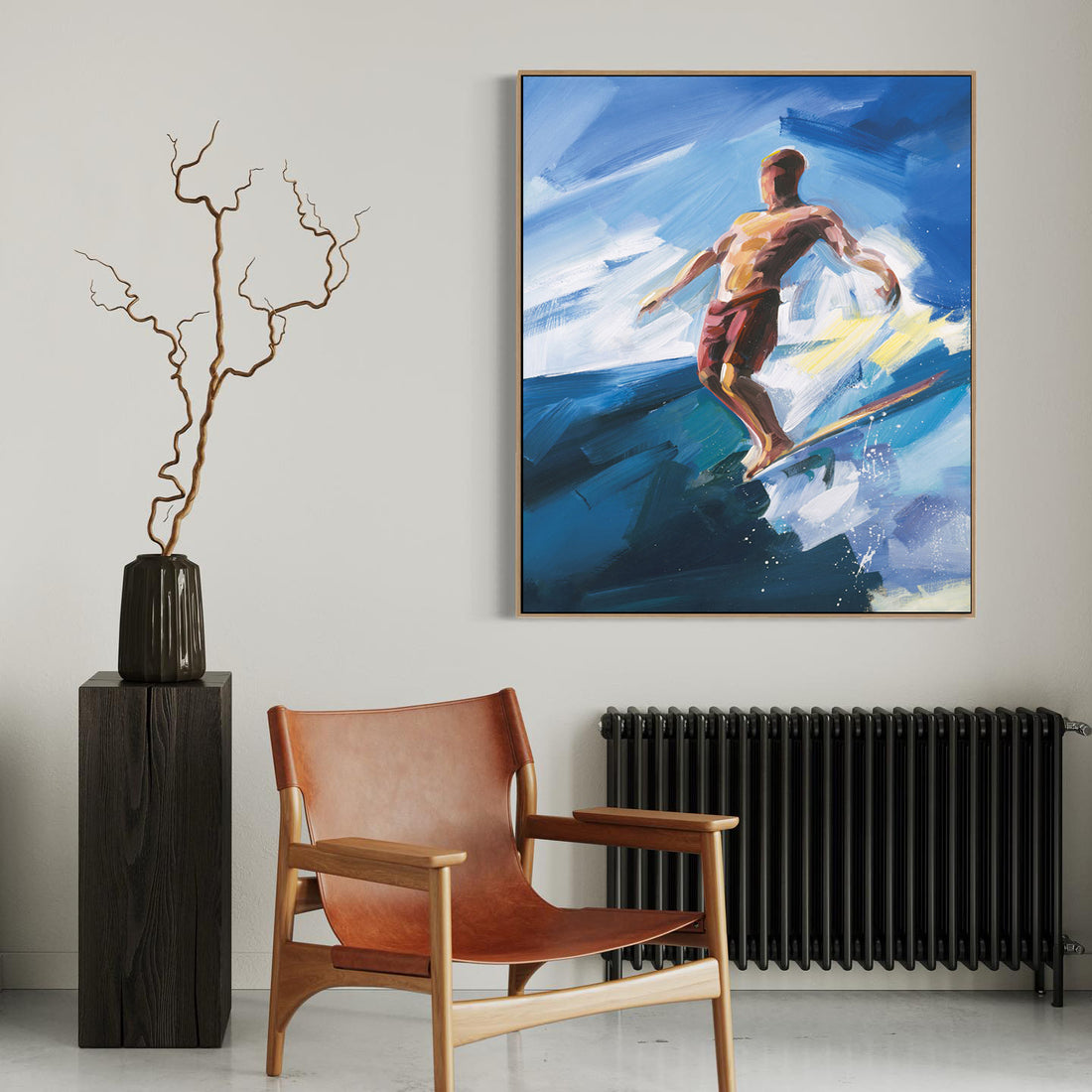 a painting of a man on a surfboard in a living room