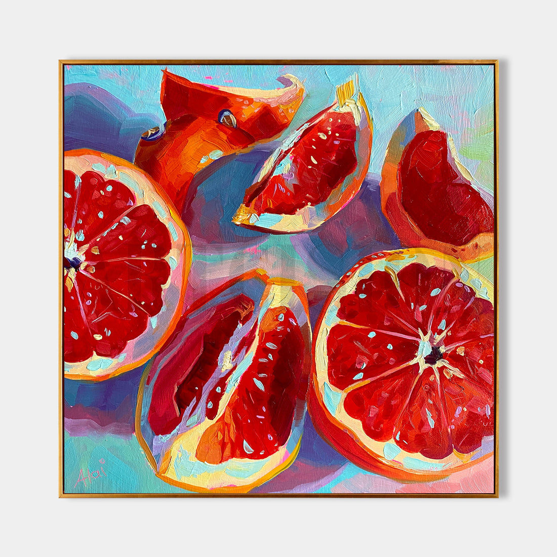 a painting of pomegranates on a blue background