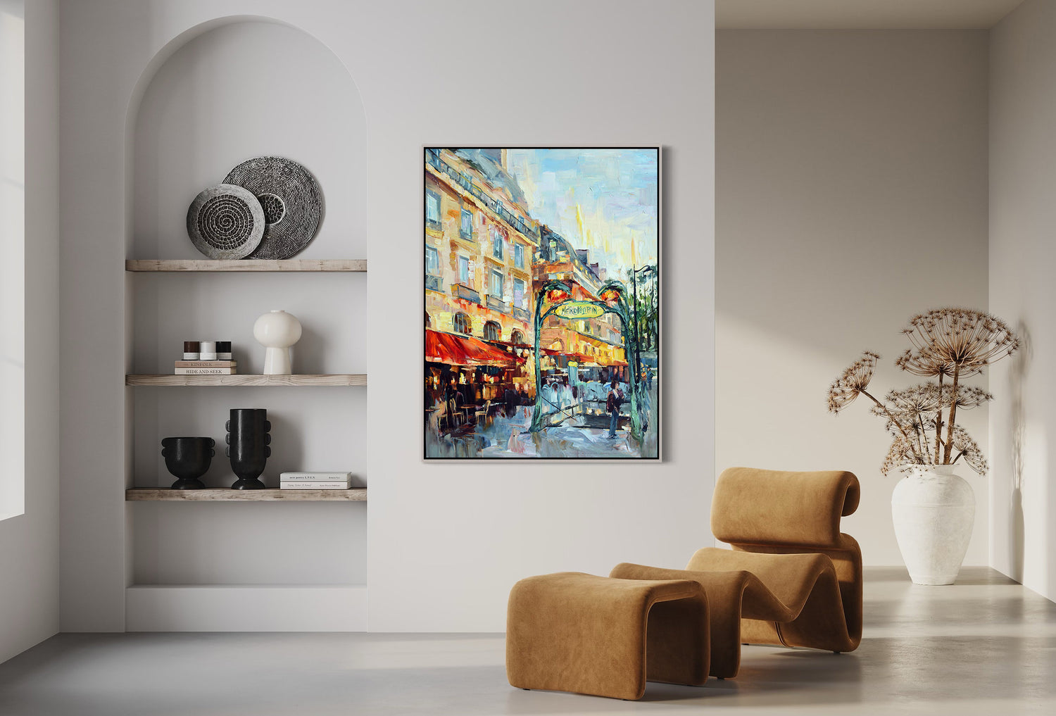 a painting of a city street in a living room