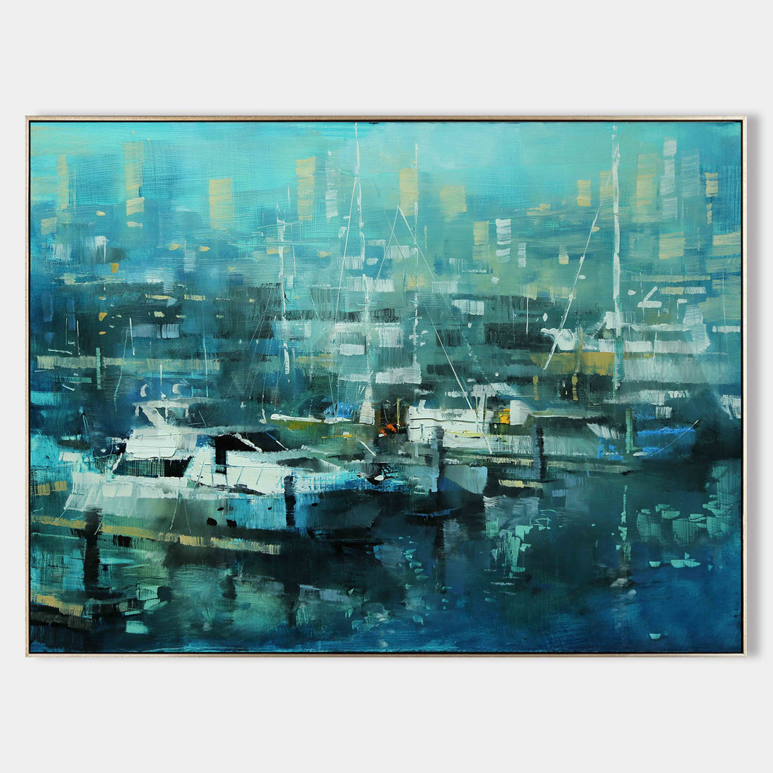 a painting of boats in a harbor with a city in the background