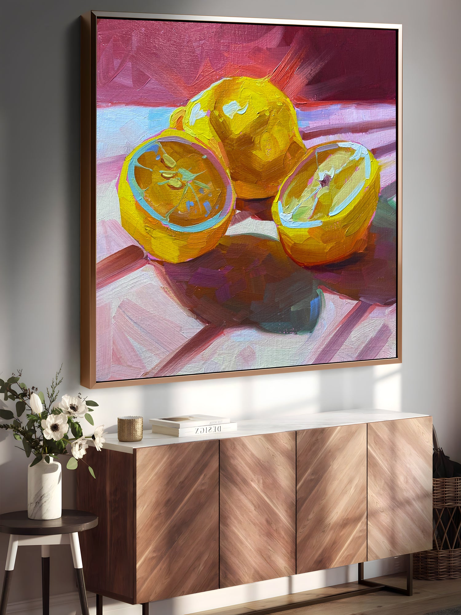 a painting of some oranges on a wall