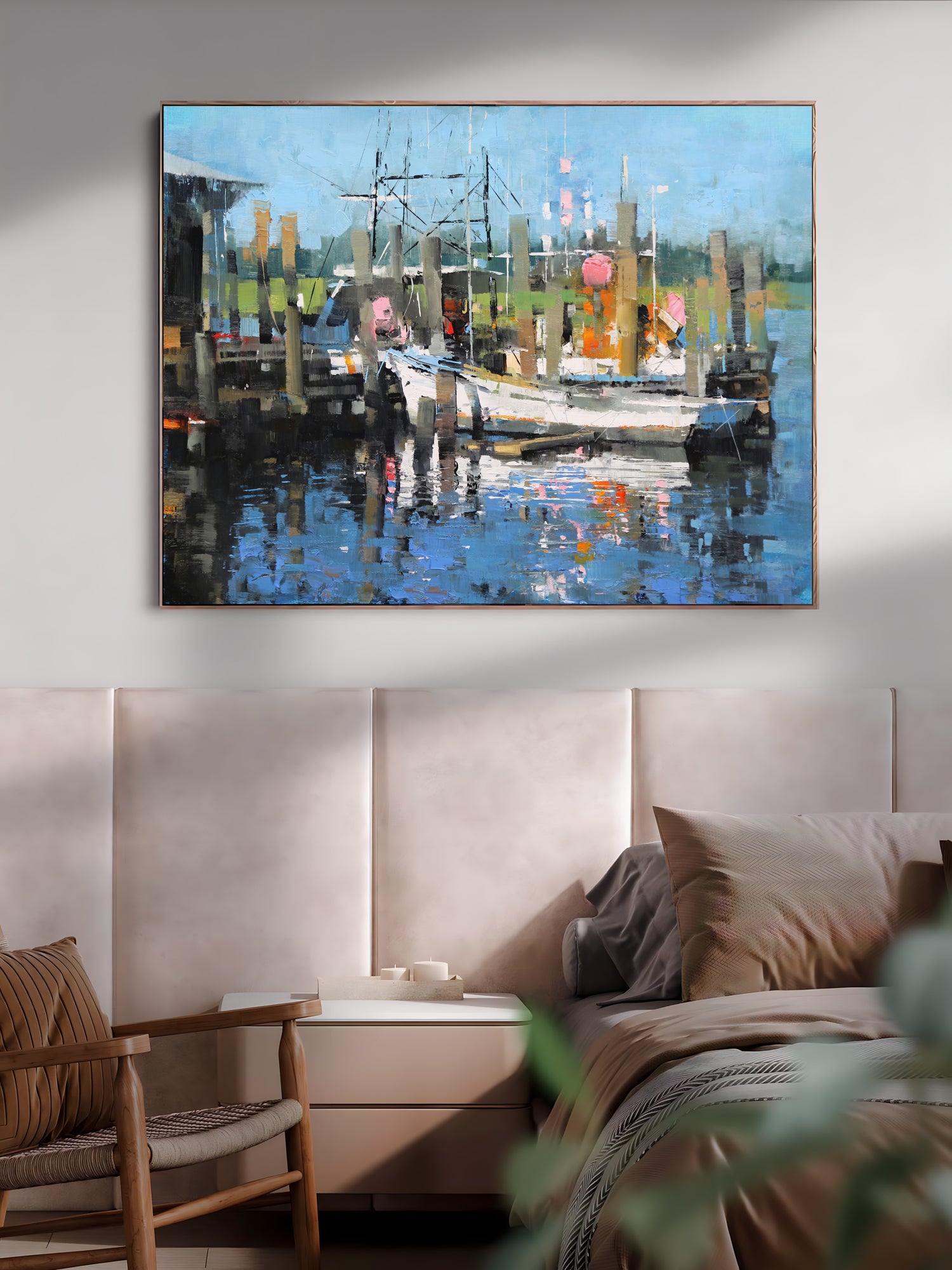 a painting of a boat docked in a harbor