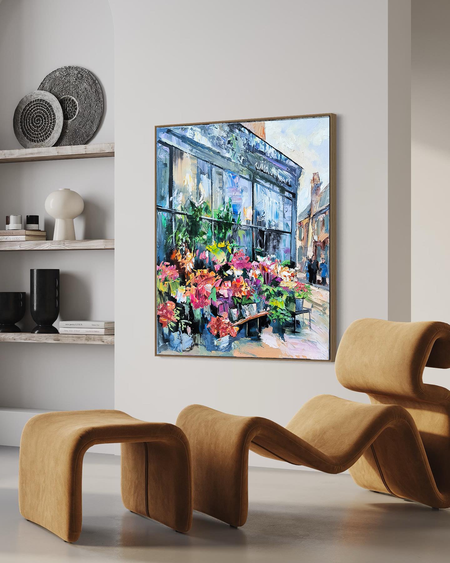 a painting of a flower shop on a wall