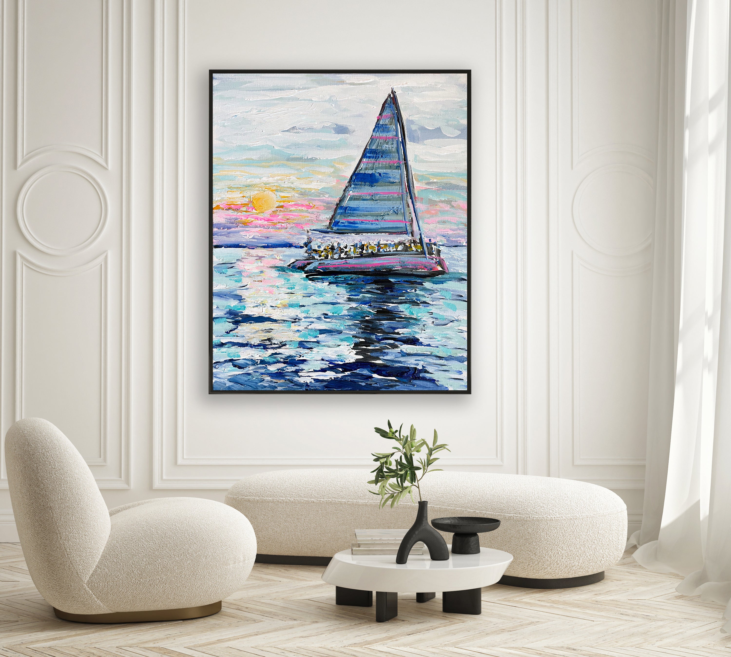 a painting of a sailboat on the water