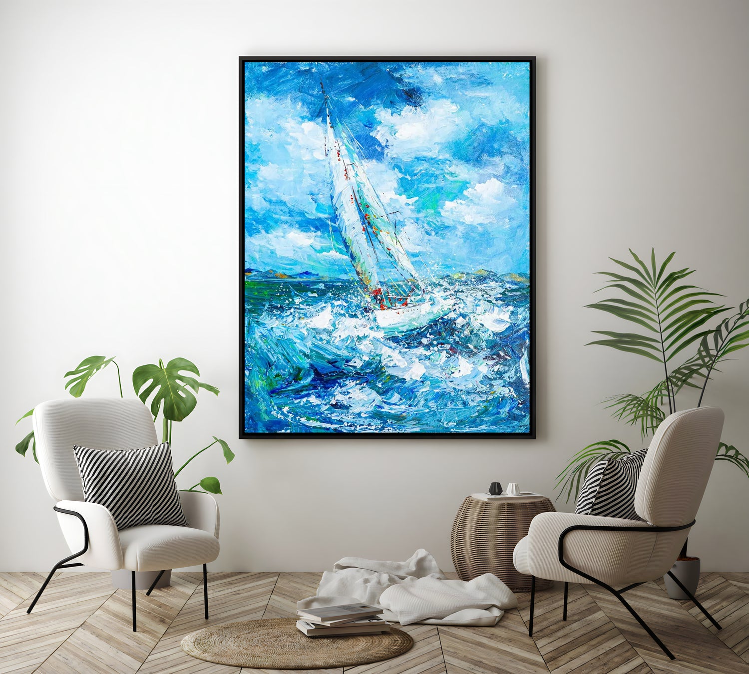 a painting of a sailboat in the ocean