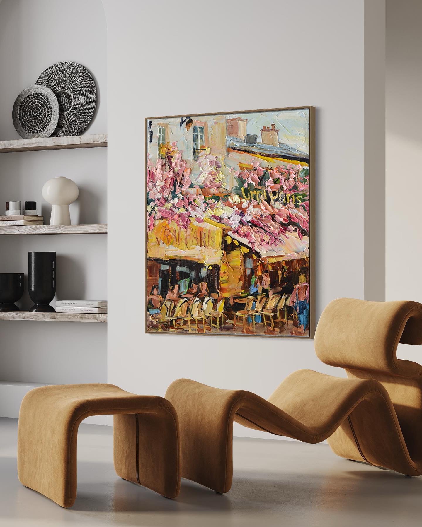 a painting hanging on the wall of a living room