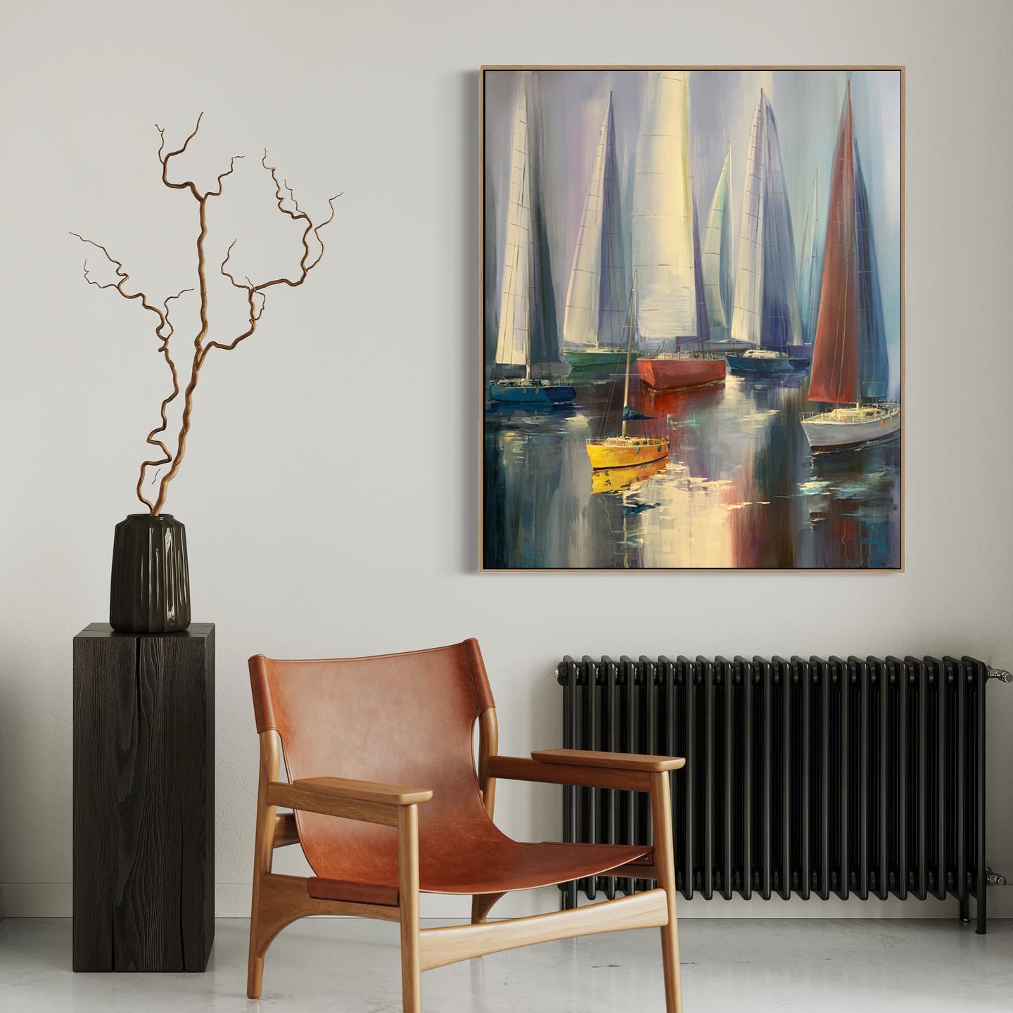 a painting of sailboats in a room with a radiator