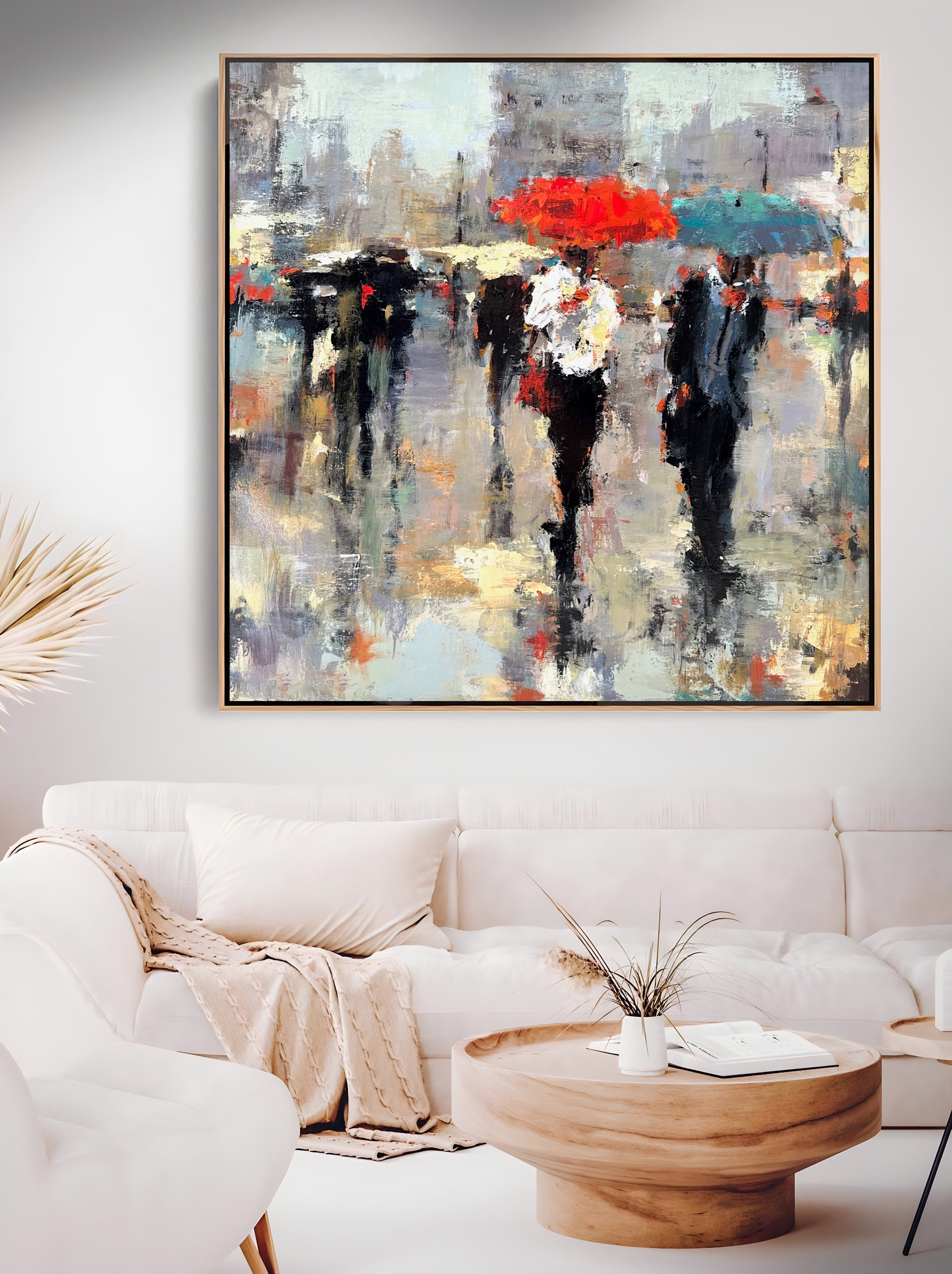 a painting of people walking with umbrellas in the rain