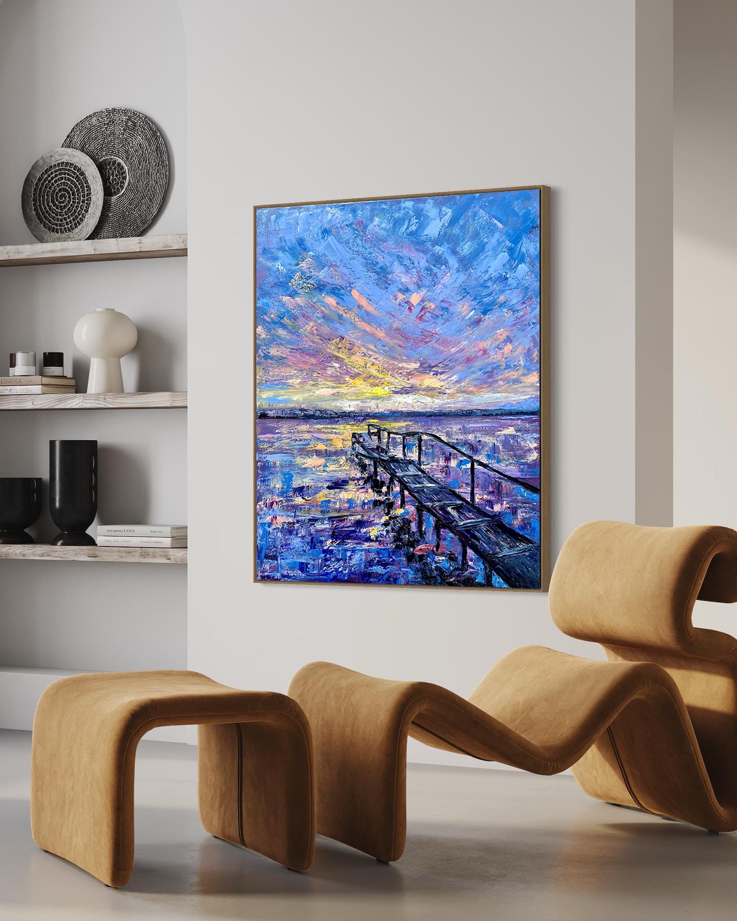 a painting of a pier in a living room