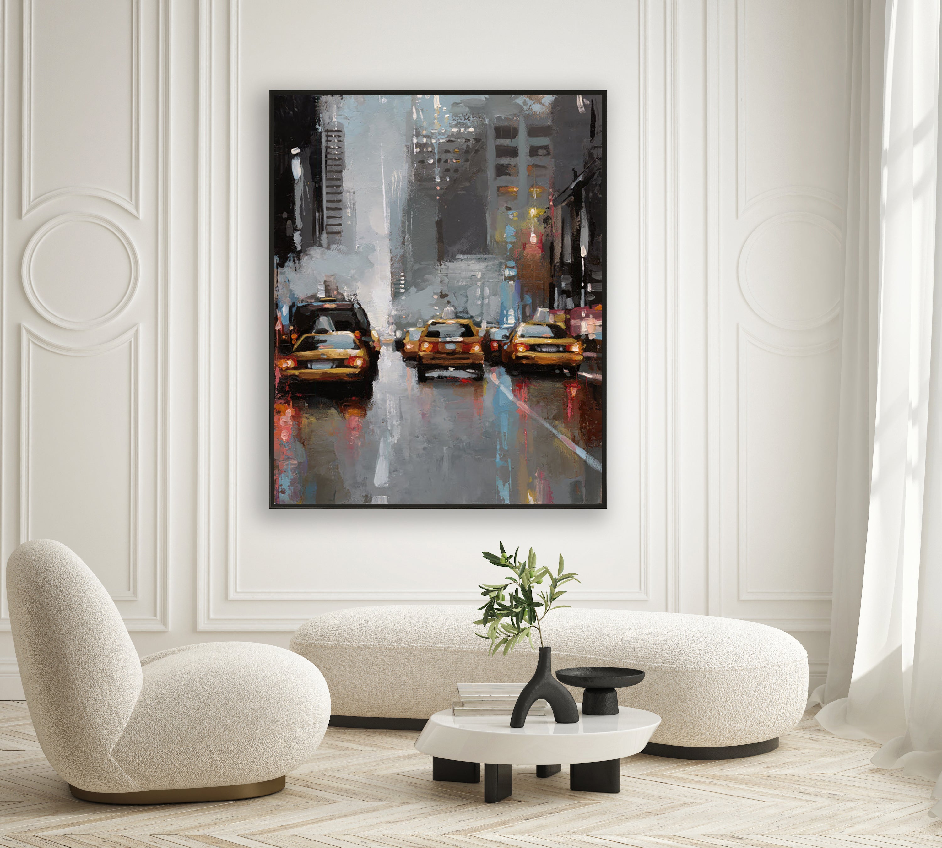 a living room with a painting of a city street