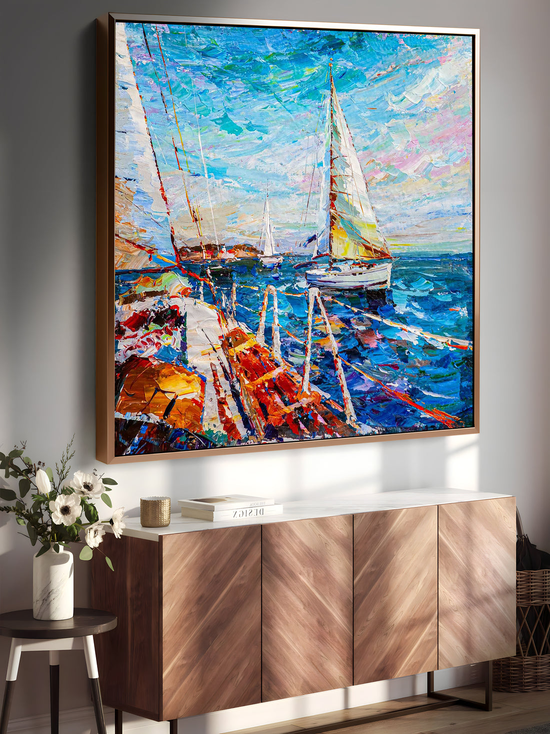 a painting of sailboats in a harbor