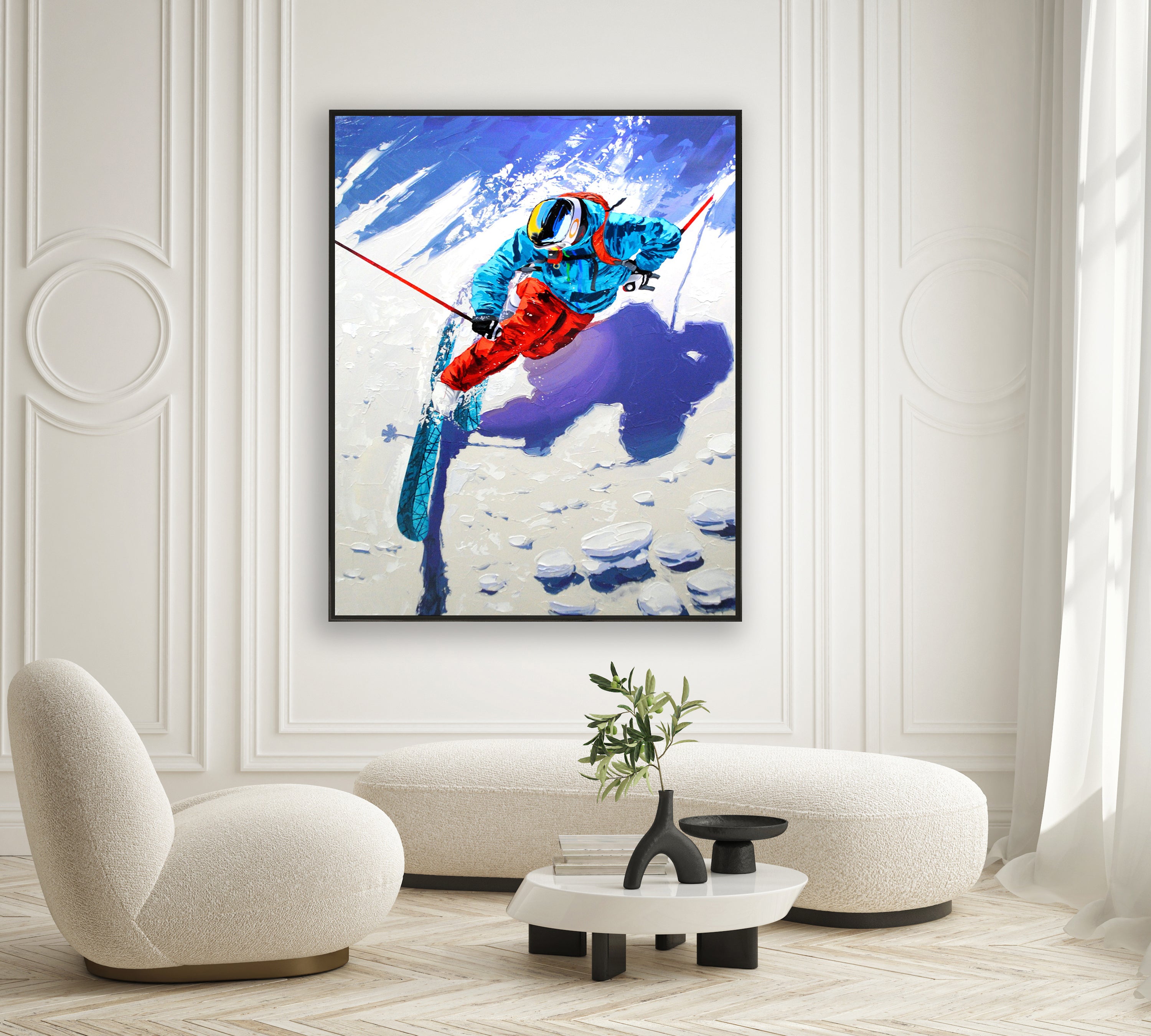 a painting of a skier is hanging on the wall
