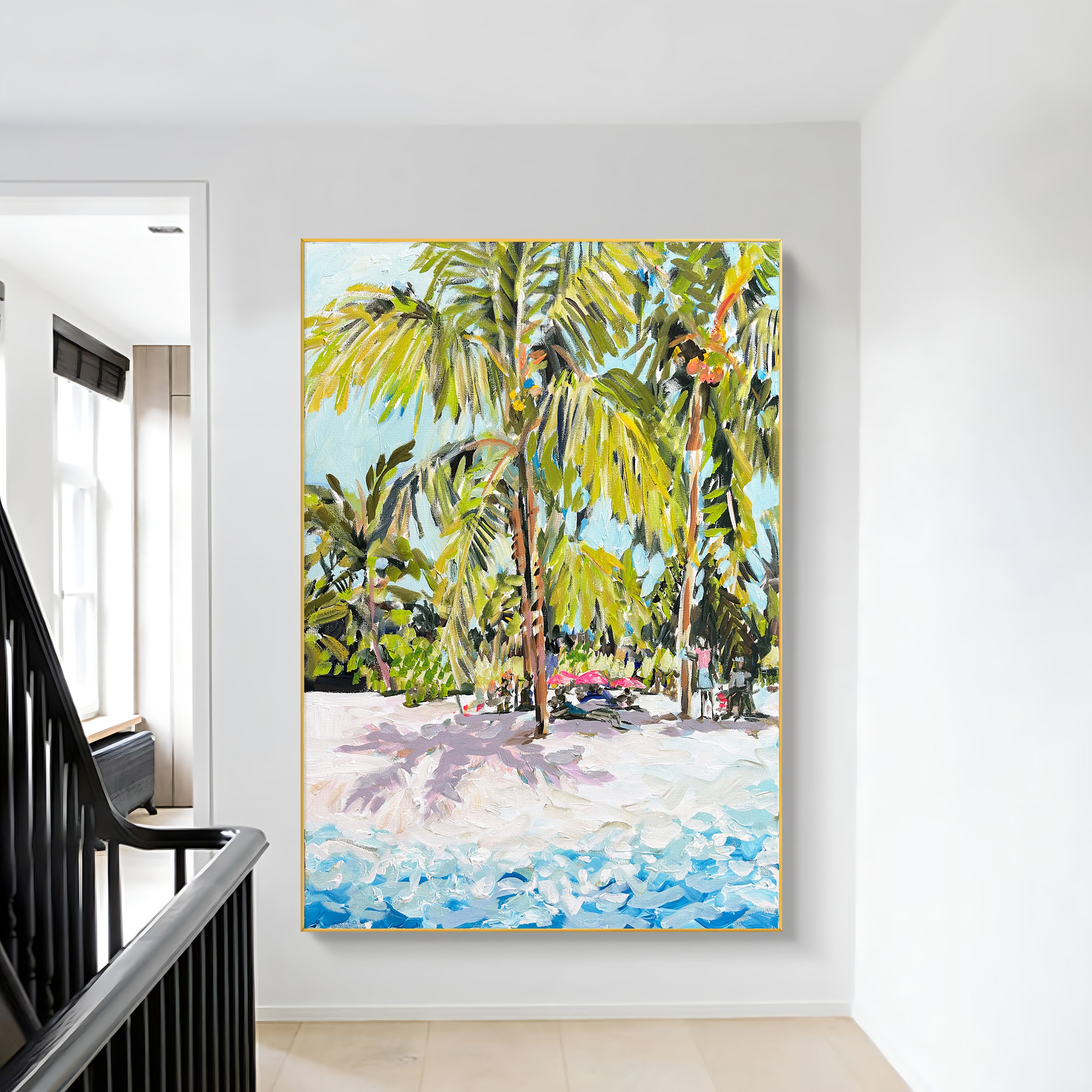 a painting of a tropical scene hangs on a wall