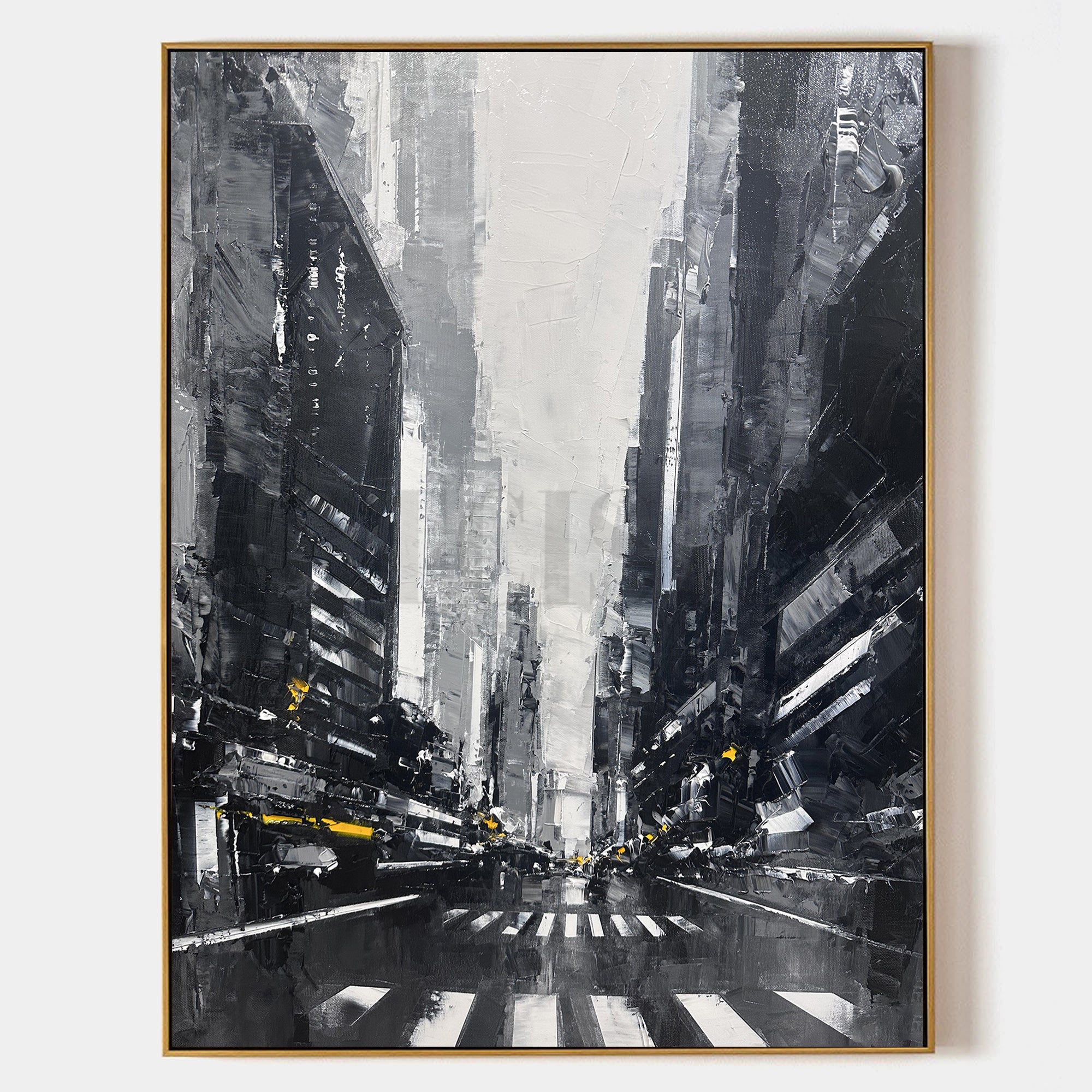 a black and white painting of a city street