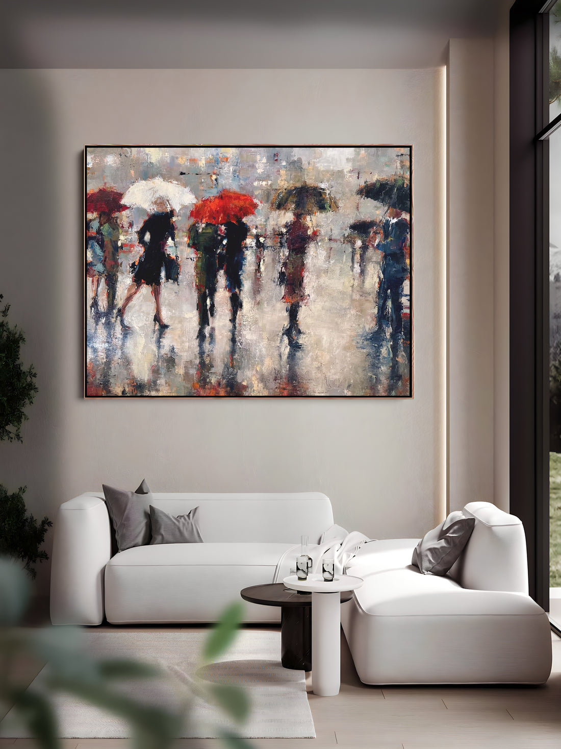 a painting of people walking in the rain with umbrellas