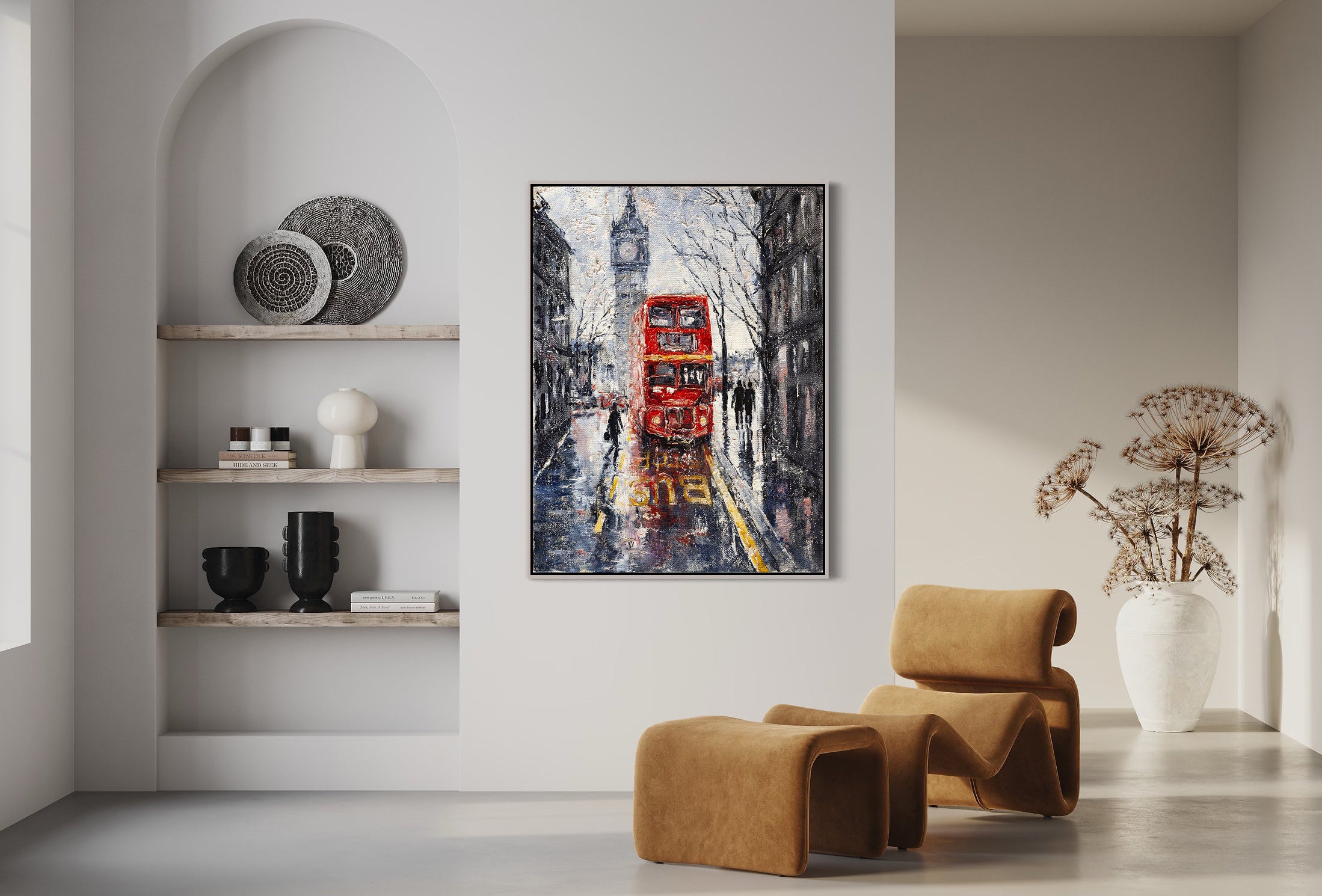 a painting of a red double decker bus on a city street