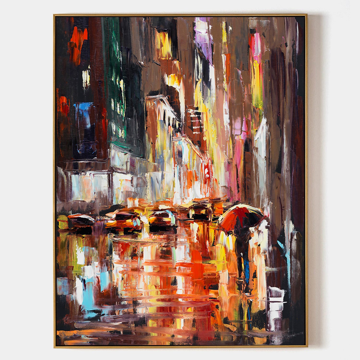 a painting of a city street at night