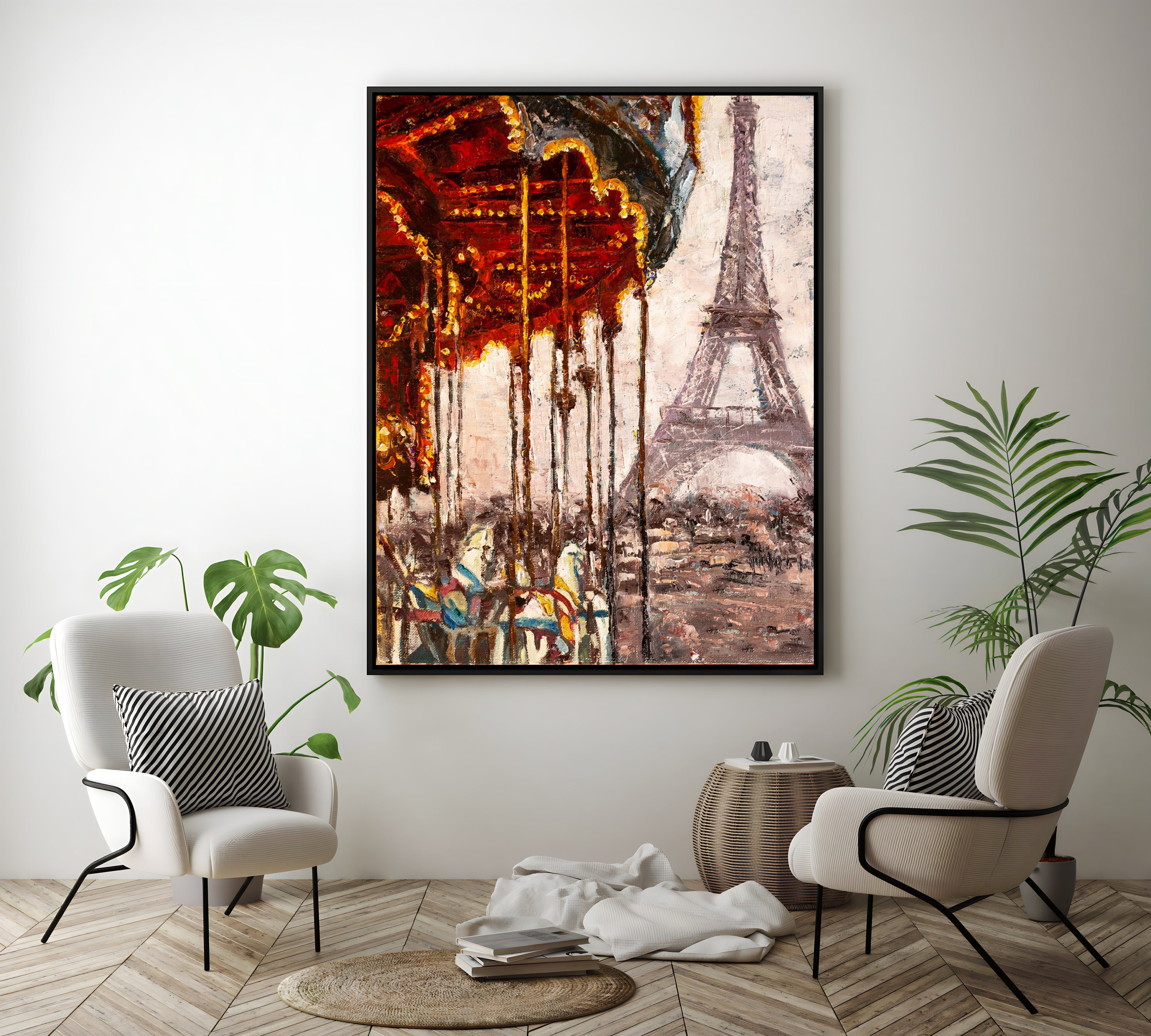 a painting of a carousel with a view of the eiffel tower