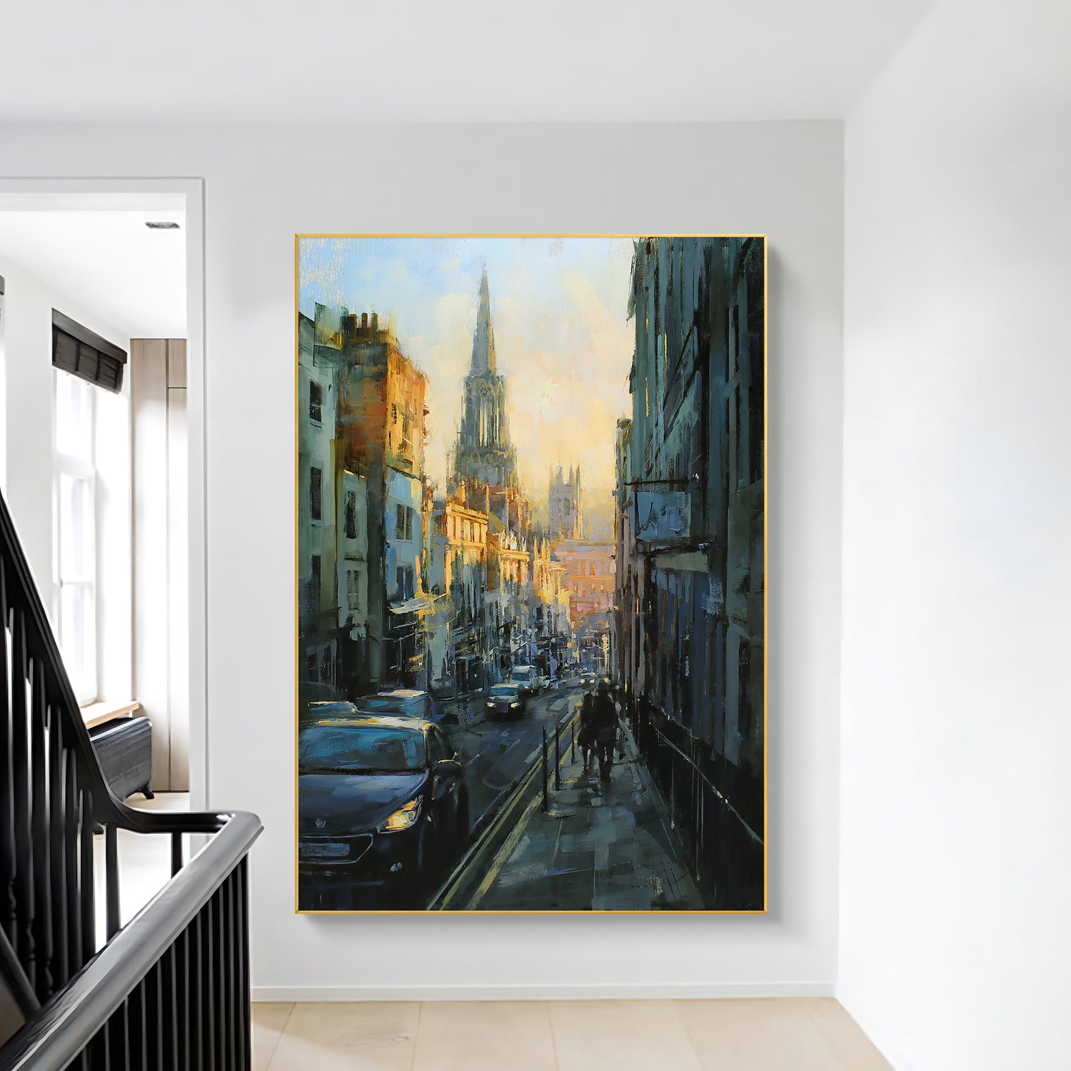 a painting of a city street with a church steeple in the background