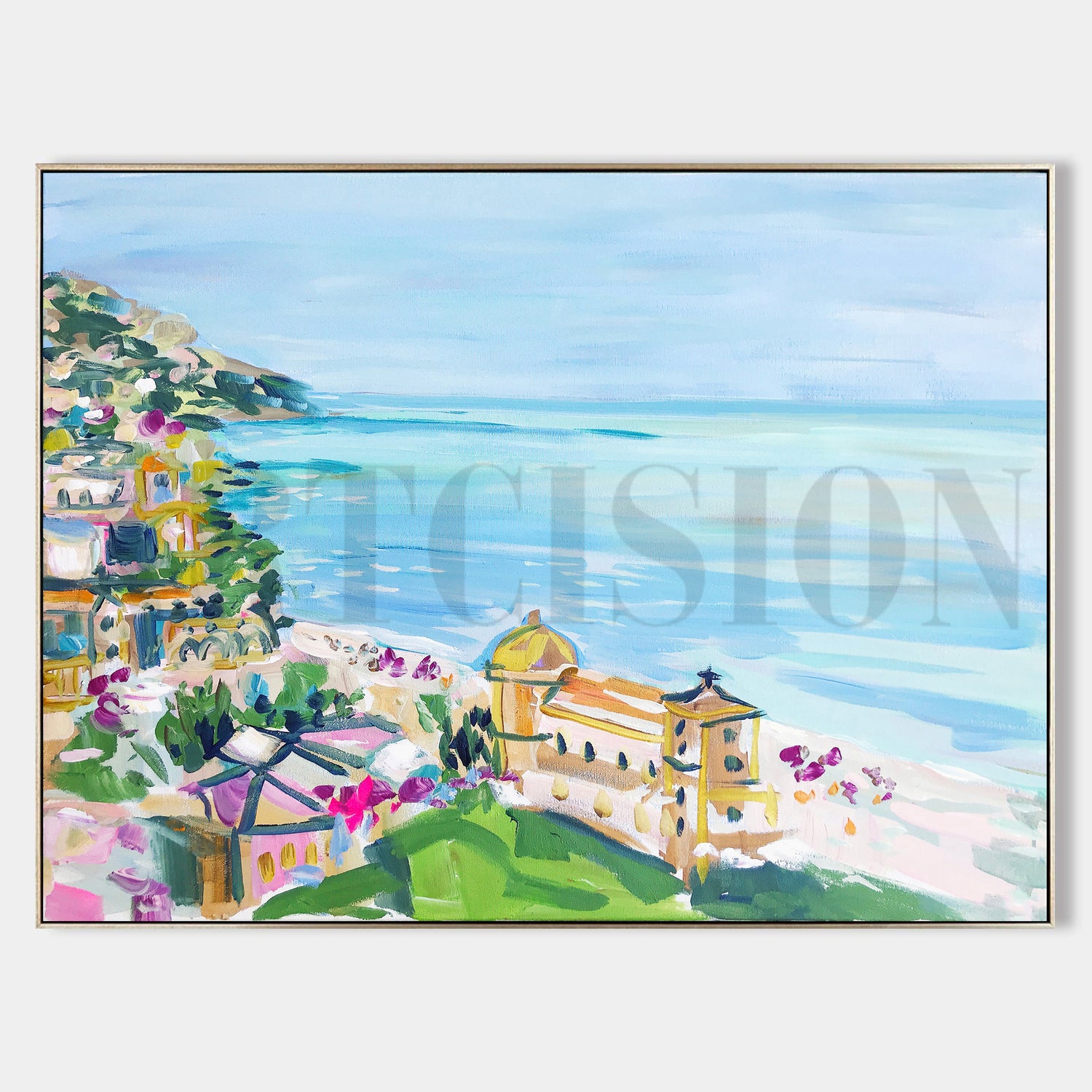 a painting of a view of a beach