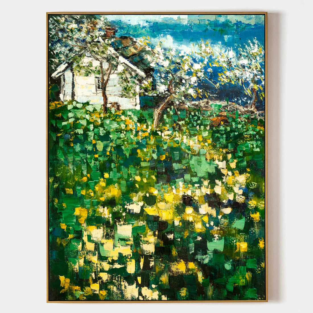 a painting of a house in a field of flowers