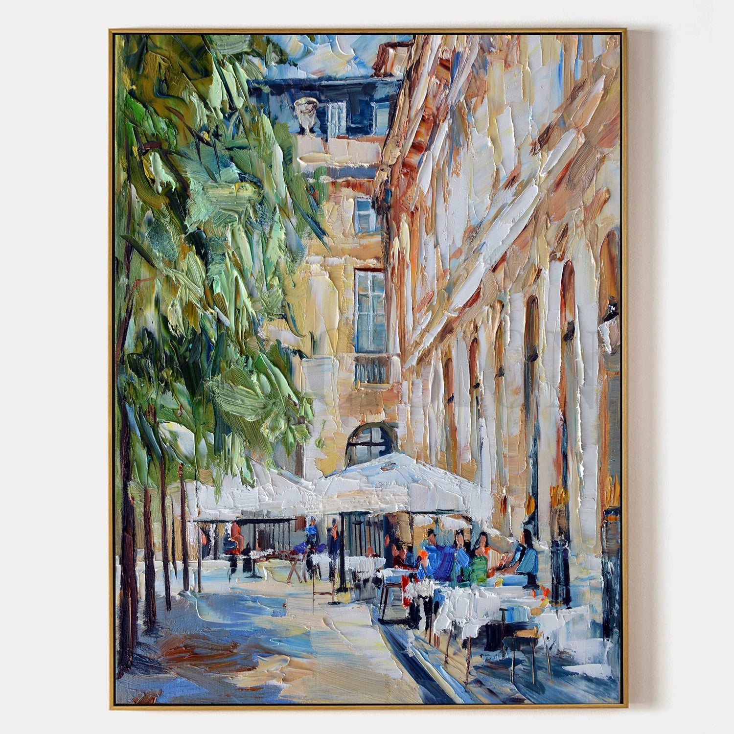 a painting of a city street with people sitting at tables