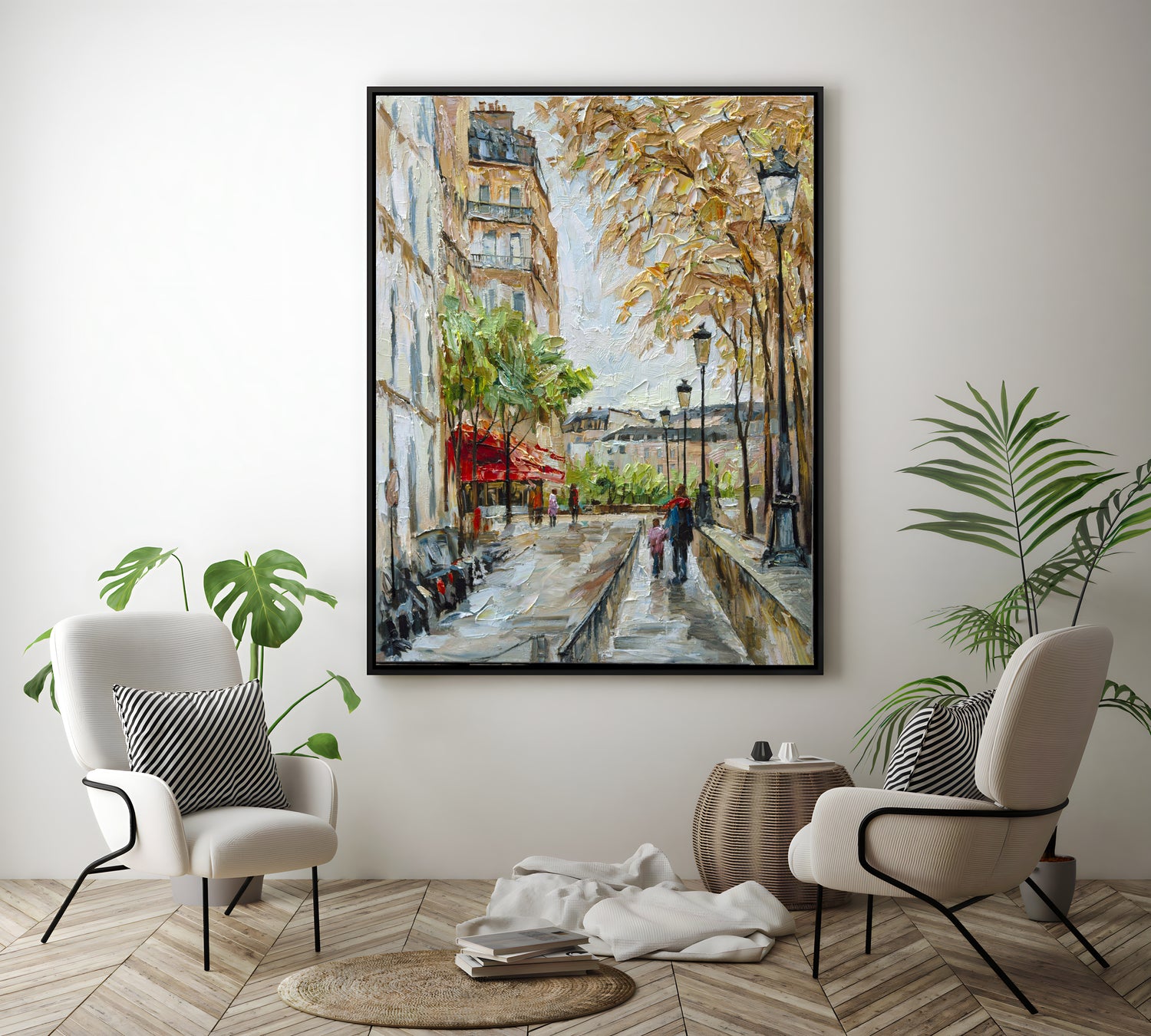 a painting of people walking down a street