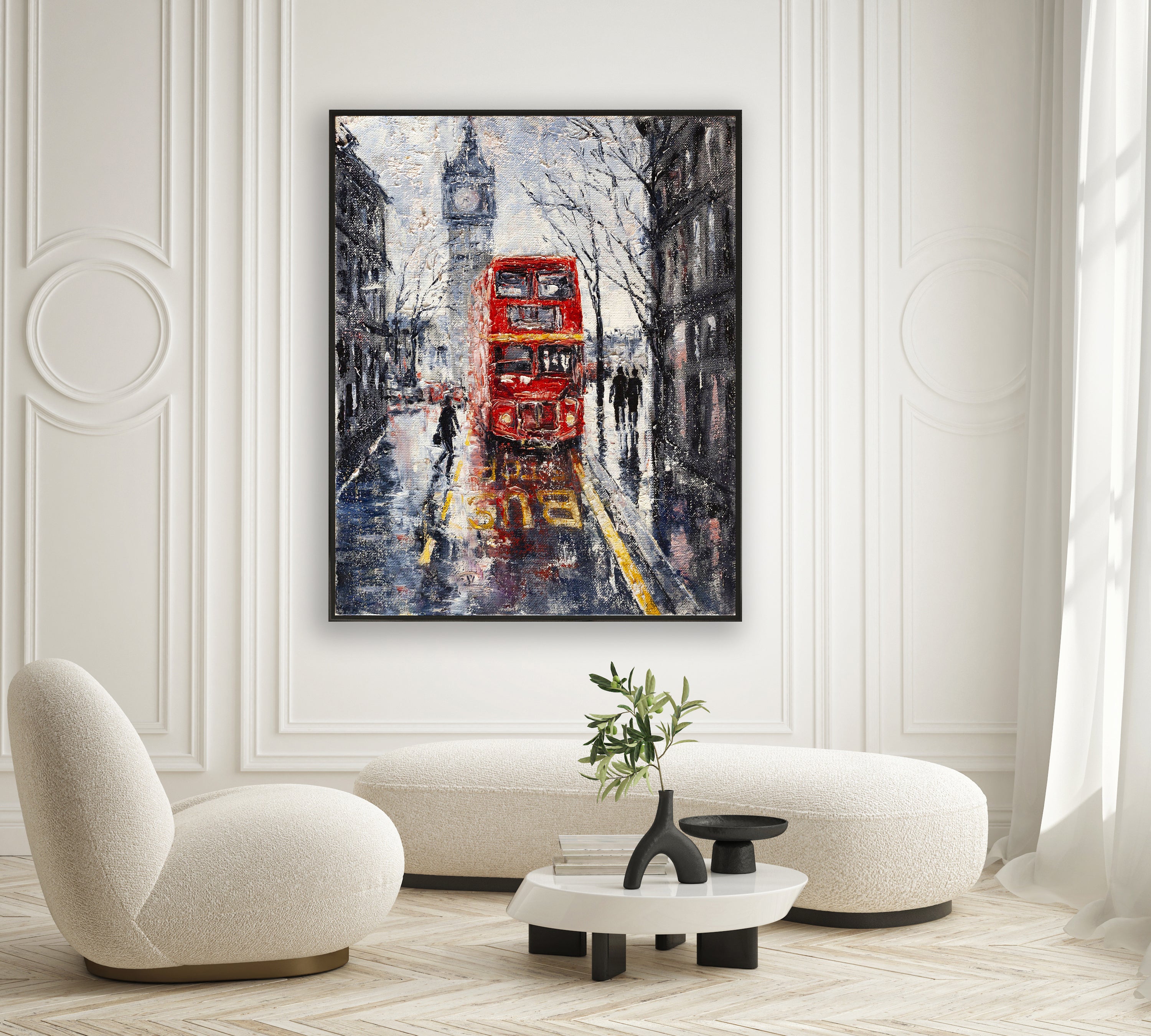 a painting of a red double decker bus on a city street