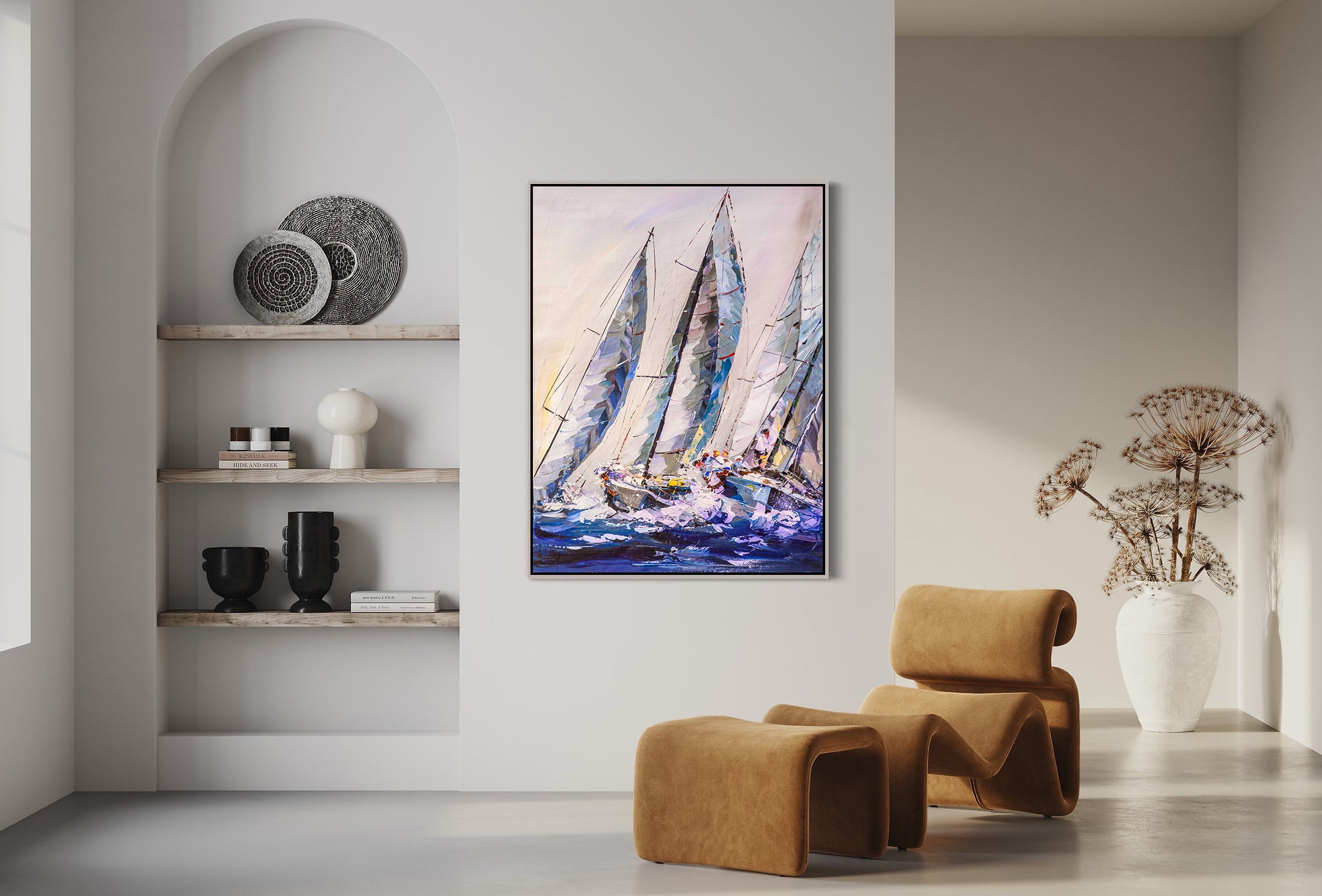 a painting of a sailboat in a living room