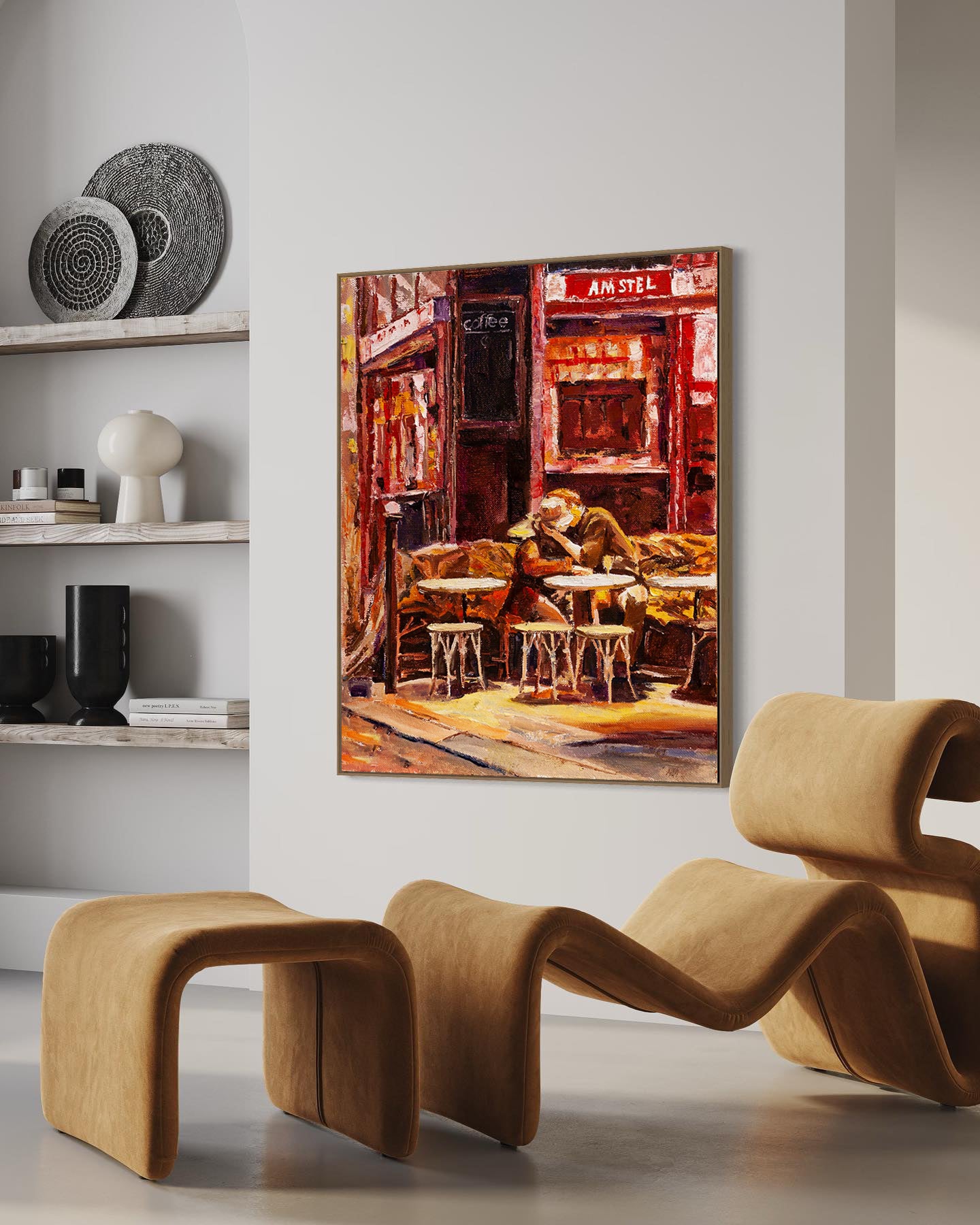 a painting of a cafe with chairs and tables