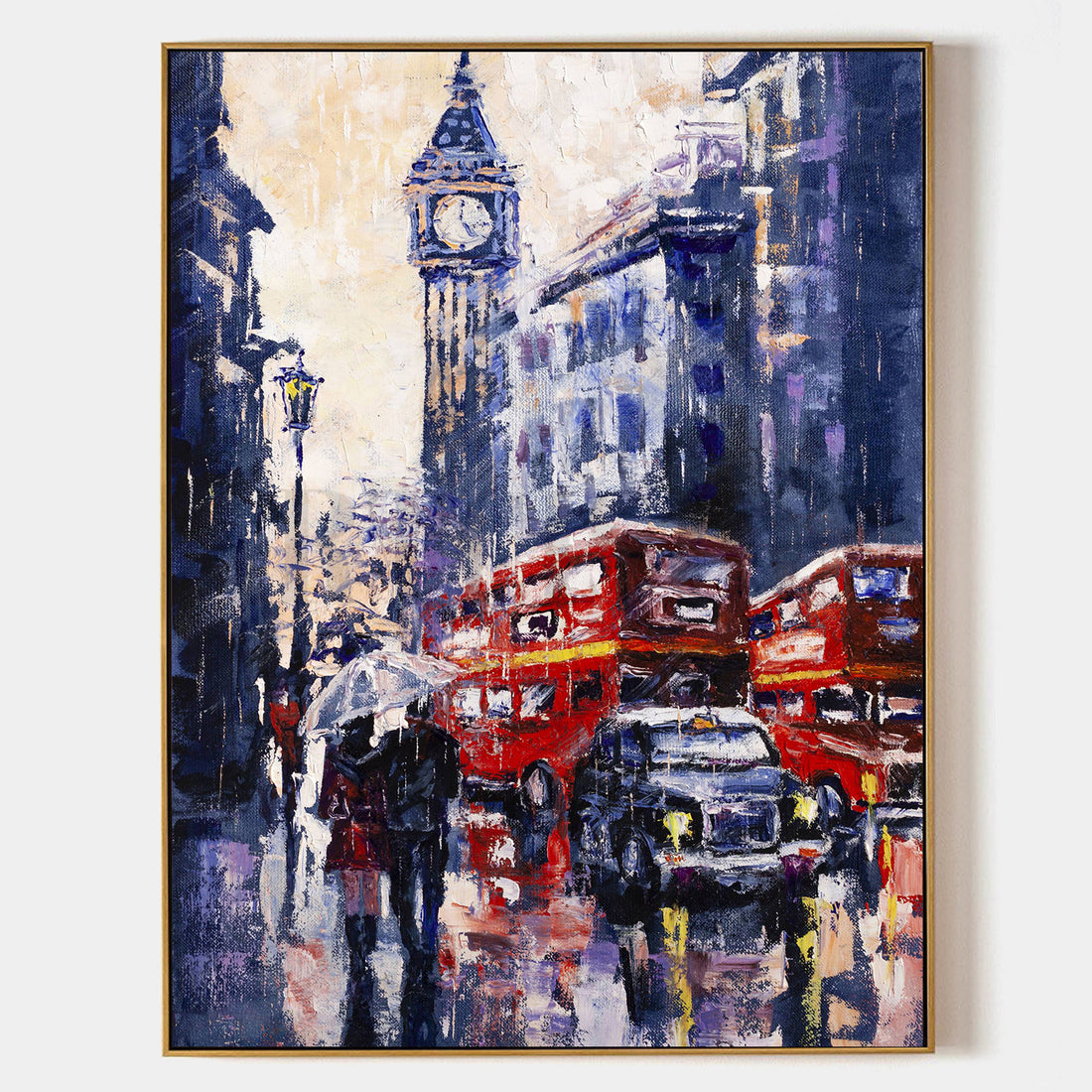 a painting of red double decker buses on a city street