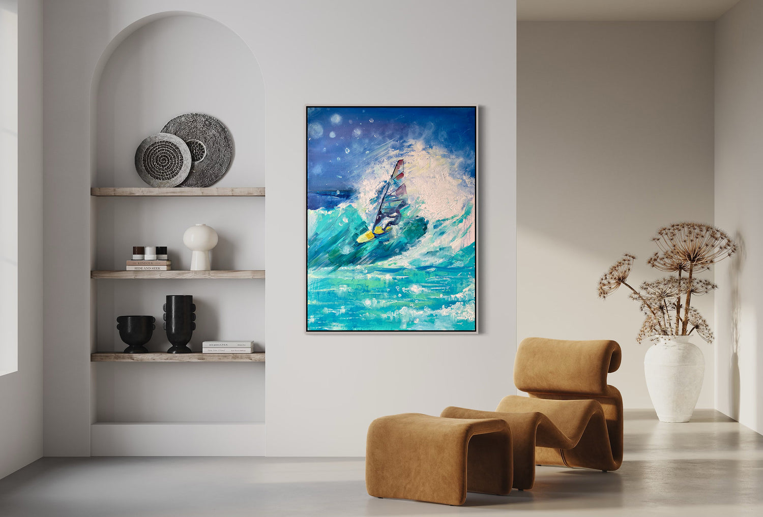 a painting of a person surfing on a wave