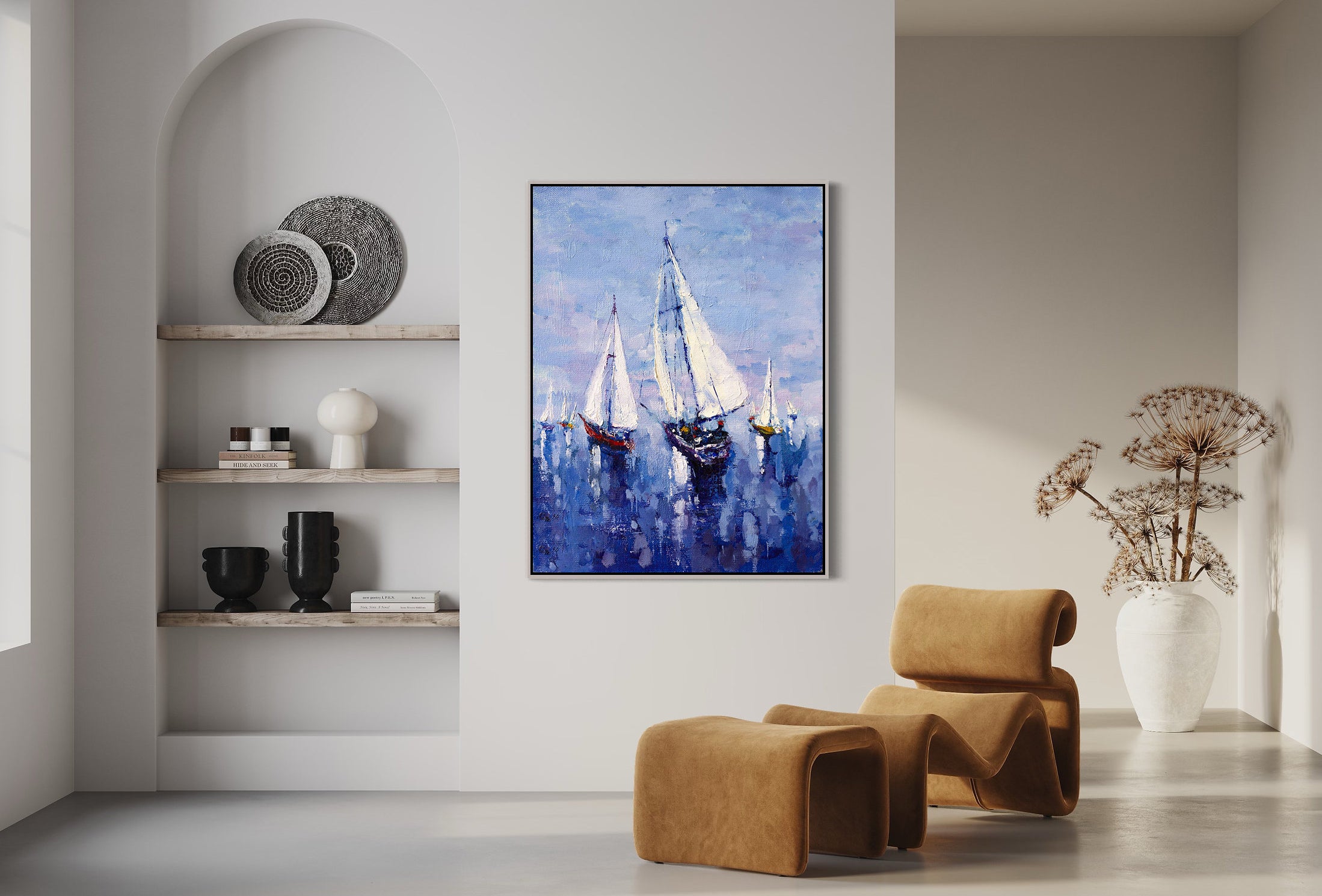 a painting of a sailboat in a living room