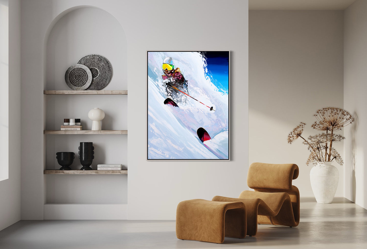 a painting of a skier is hanging on the wall