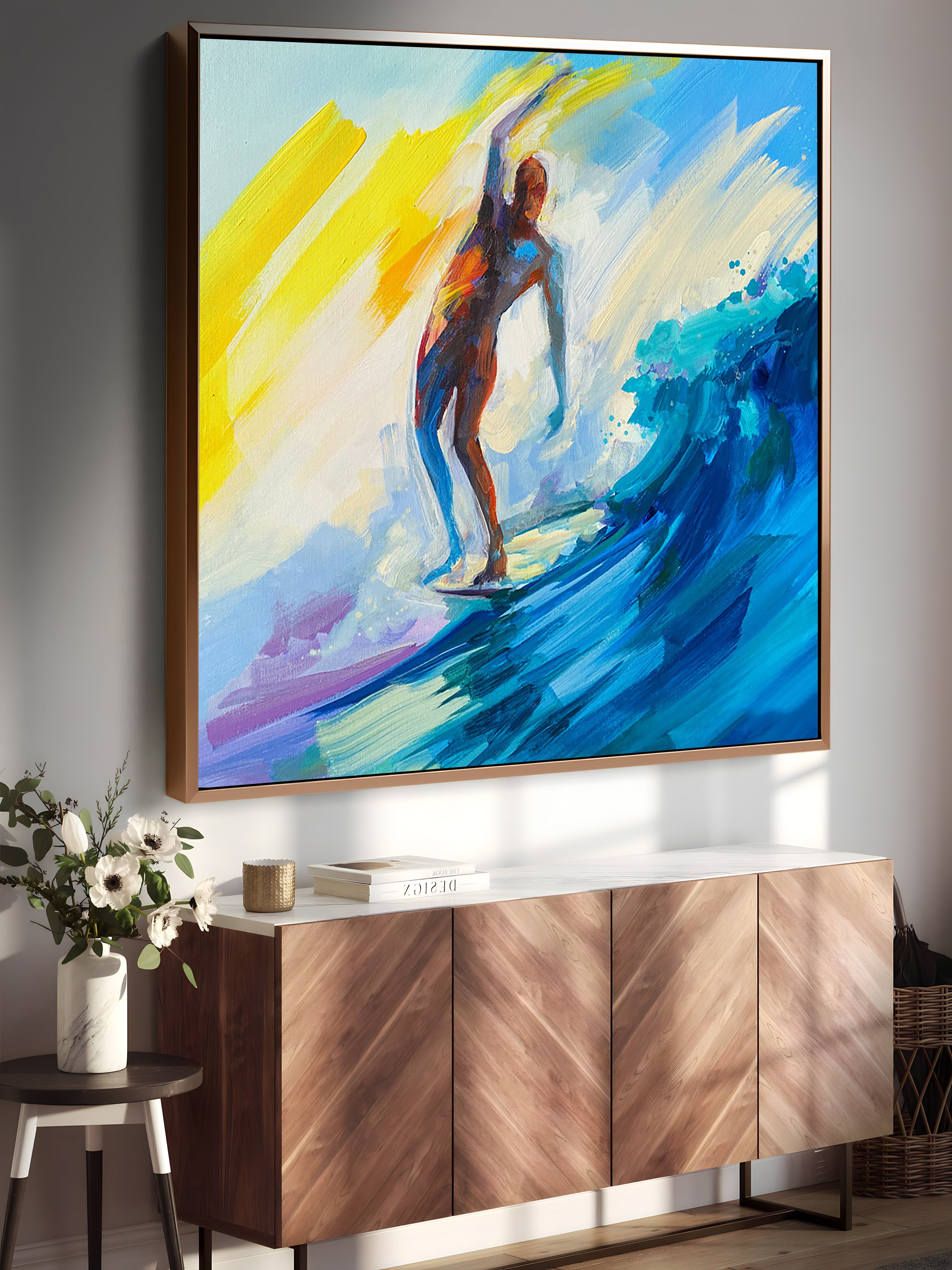 a painting of a surfer riding a wave