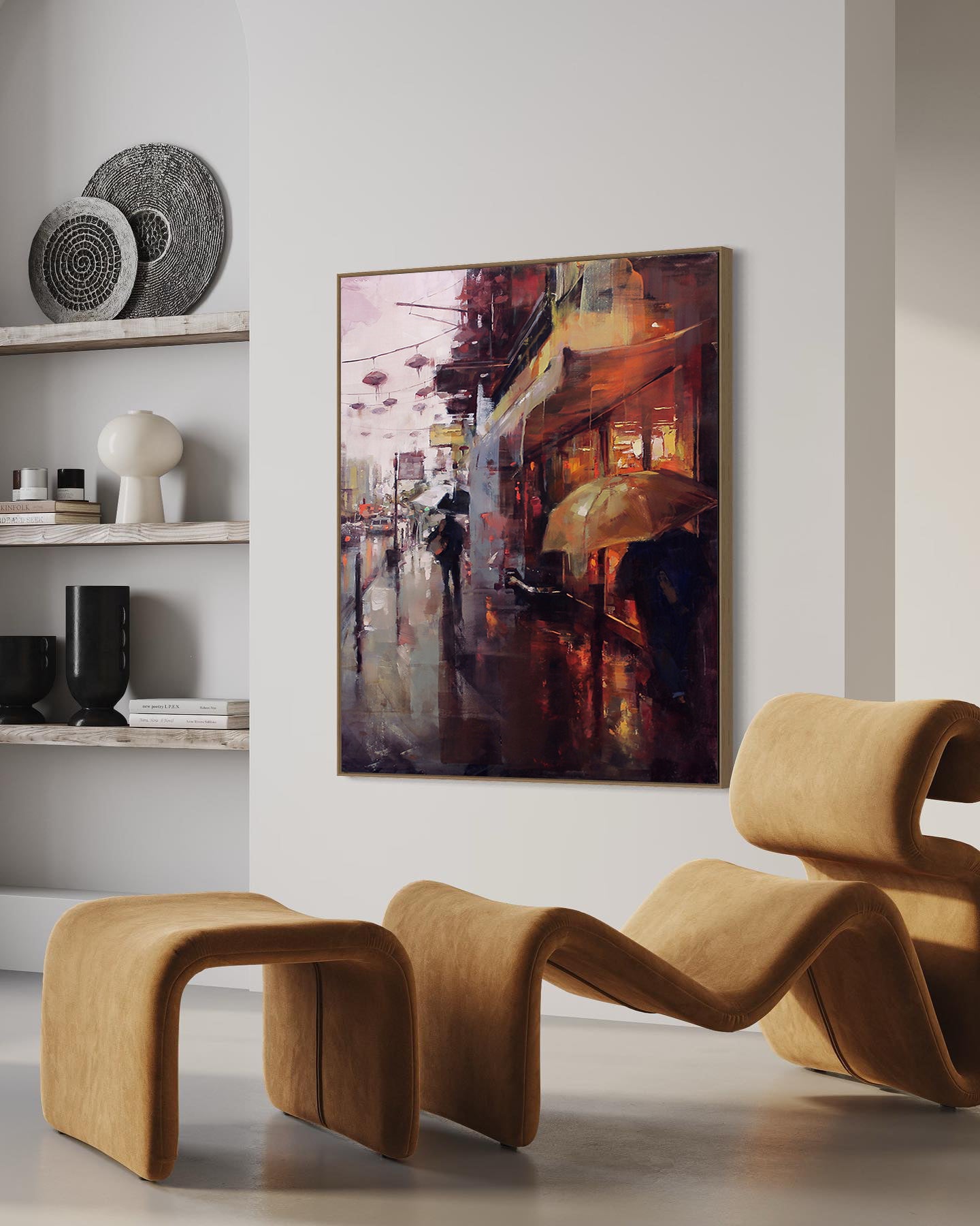 a painting hanging on the wall of a living room