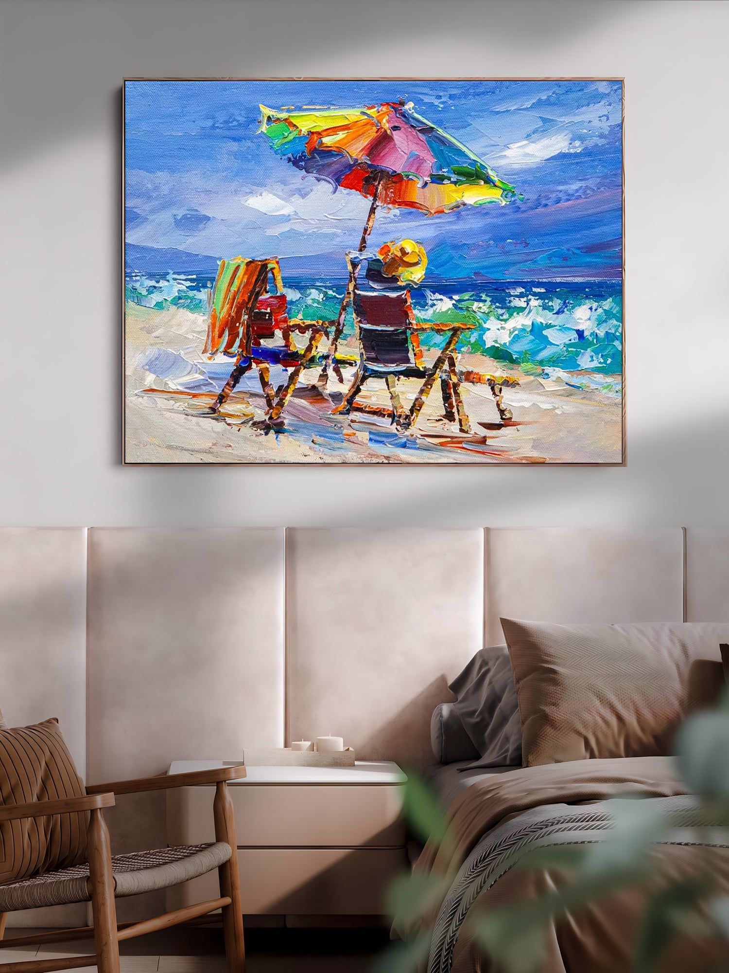 a painting of two beach chairs under an umbrella