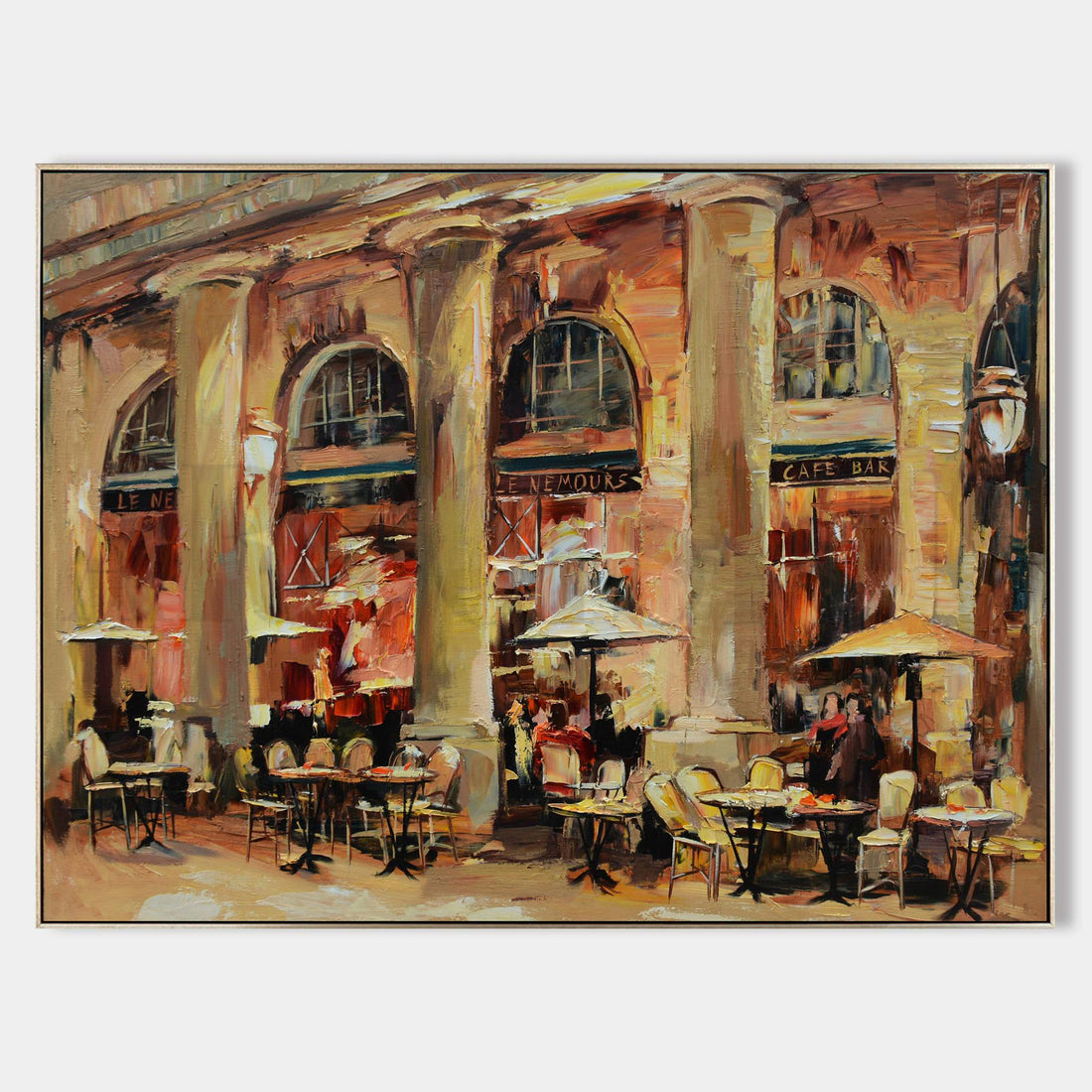 a painting of people sitting at tables outside of a building