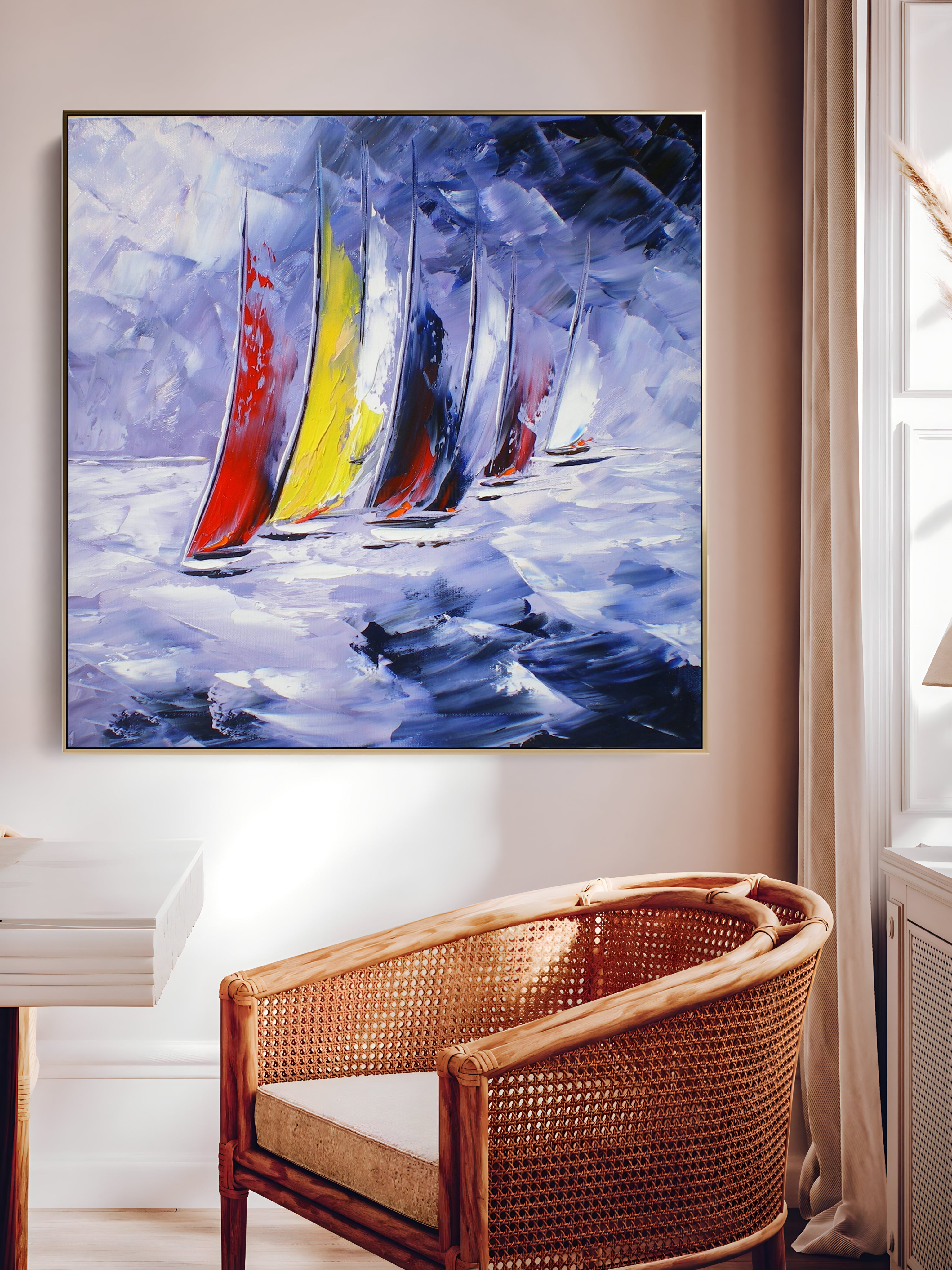 a painting of sailboats in the ocean