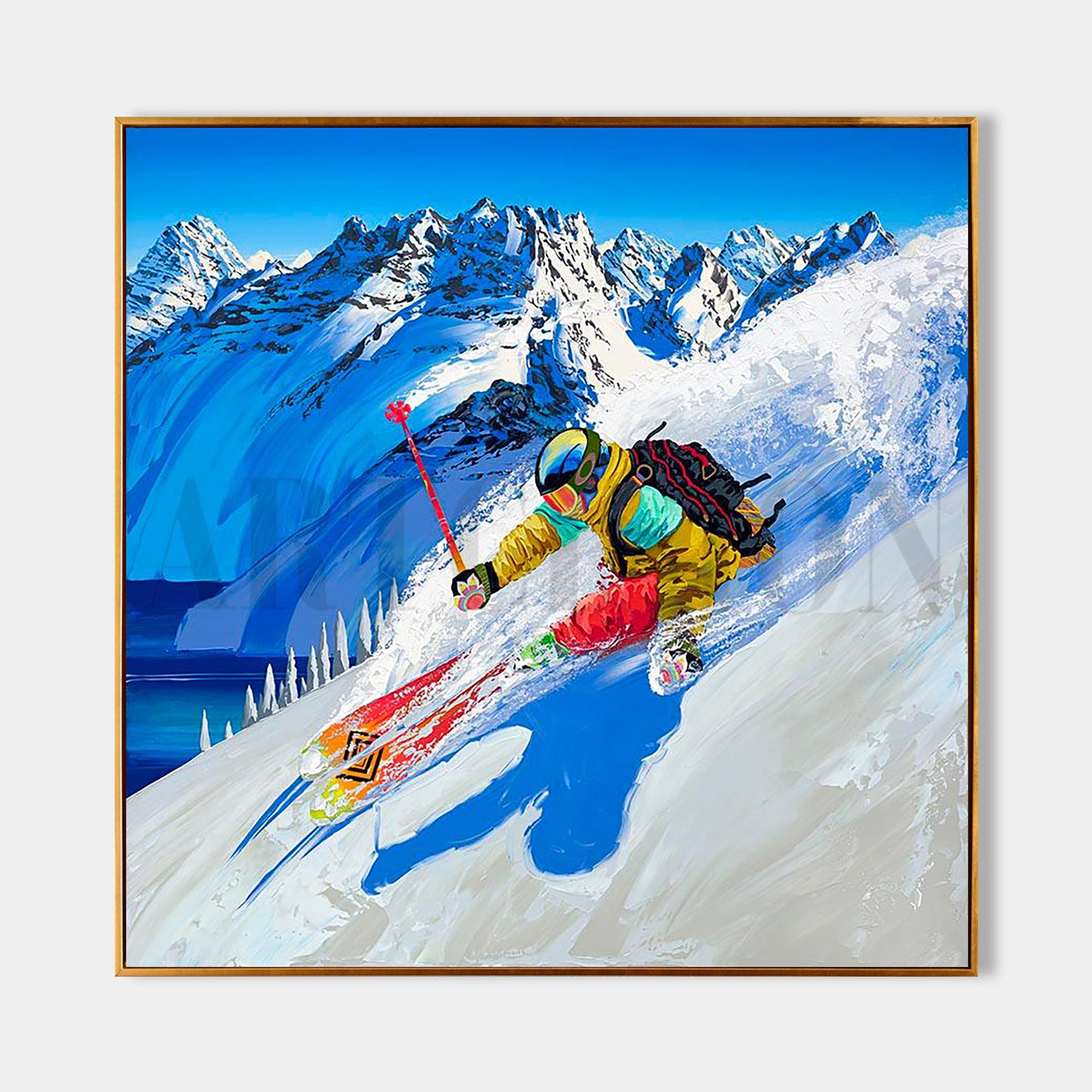 a painting of a skier skiing down a mountain