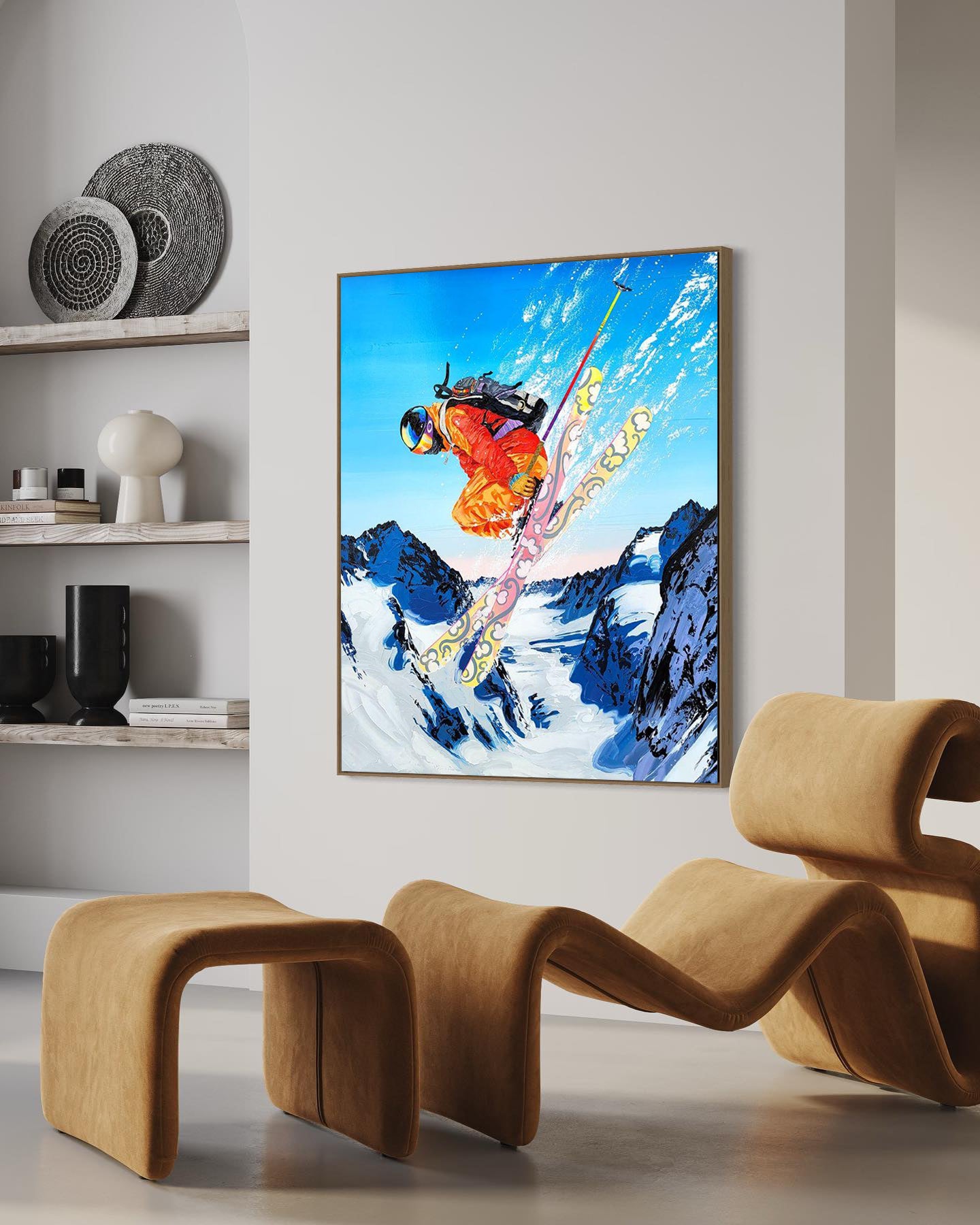 a painting of a skier is hanging on the wall