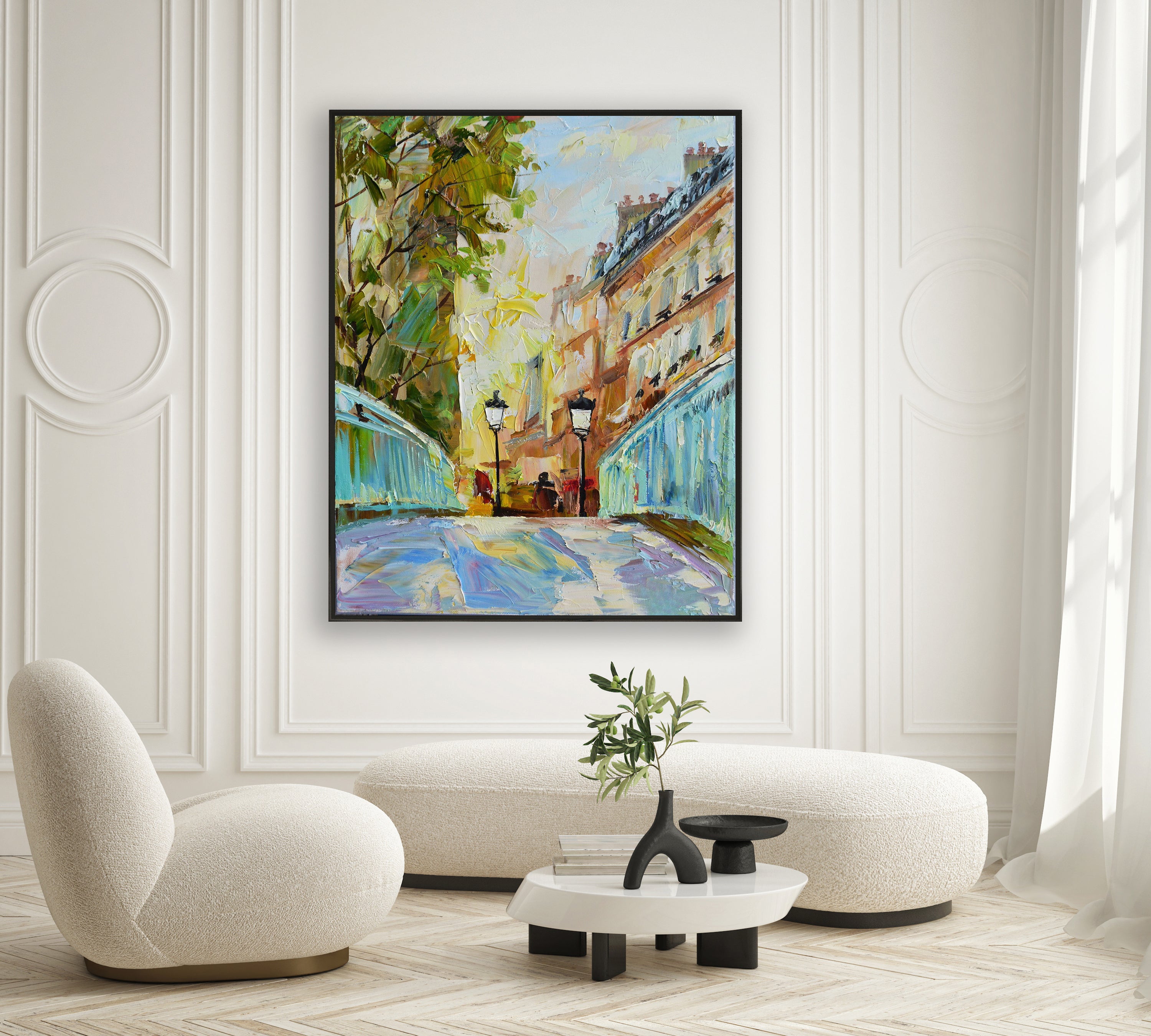 a painting of a city street in a living room