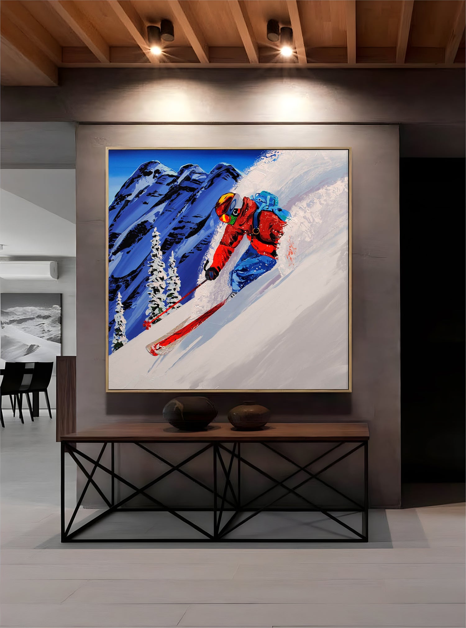 a painting of a person skiing on a mountain