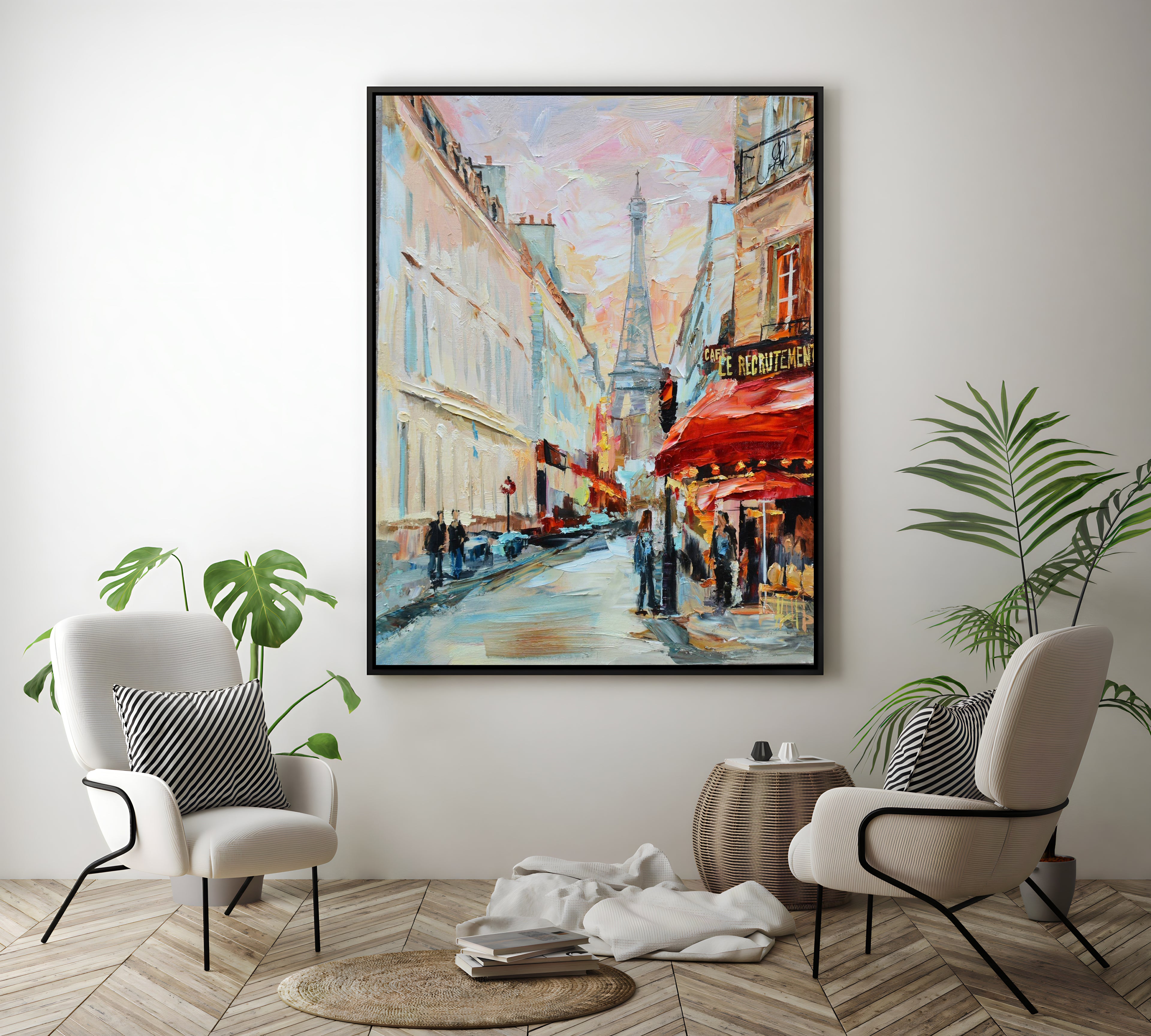 a painting of people walking down a street