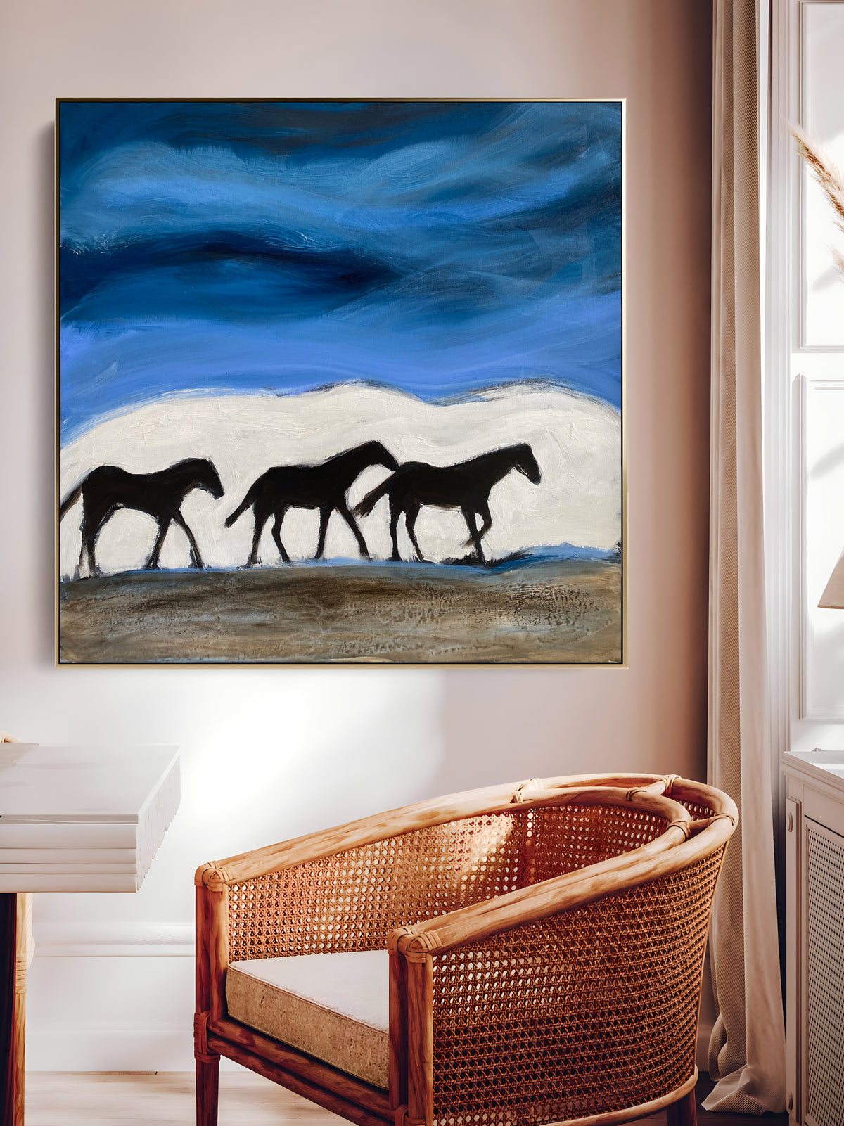 a painting of three horses running across a field