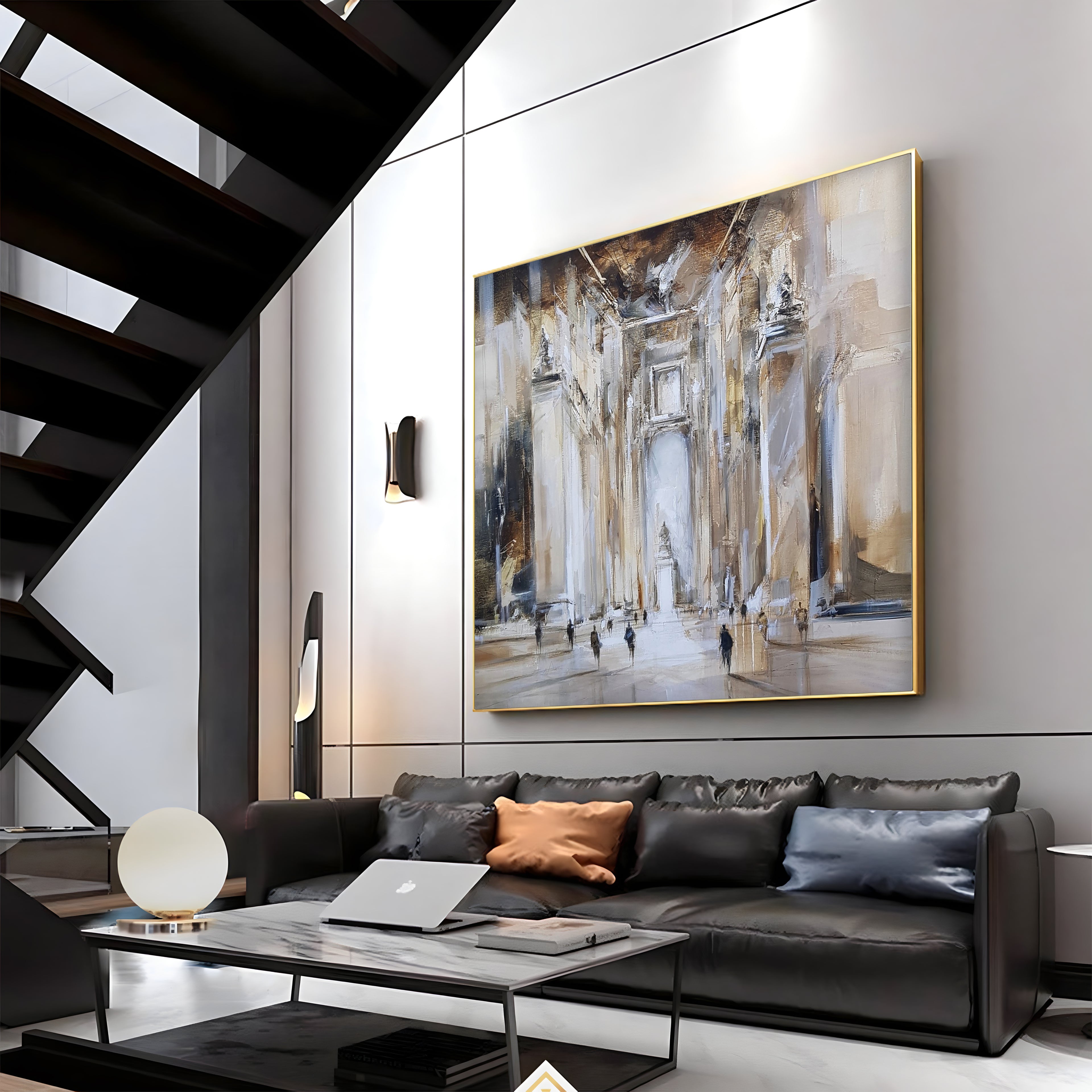 a living room filled with furniture and a painting on the wall