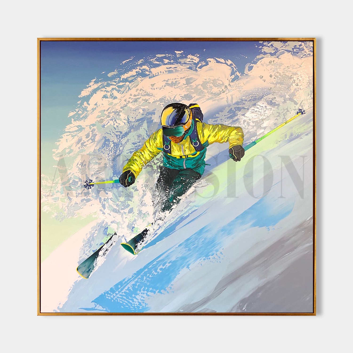 a painting of a man skiing down a mountain