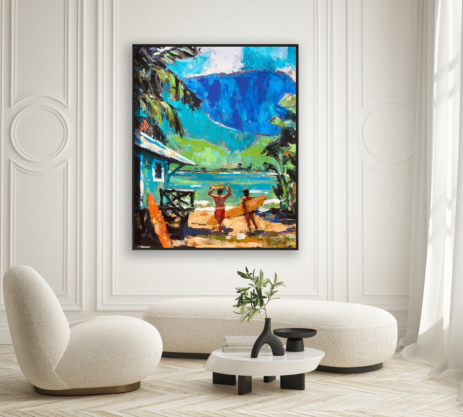 a living room with a painting on the wall