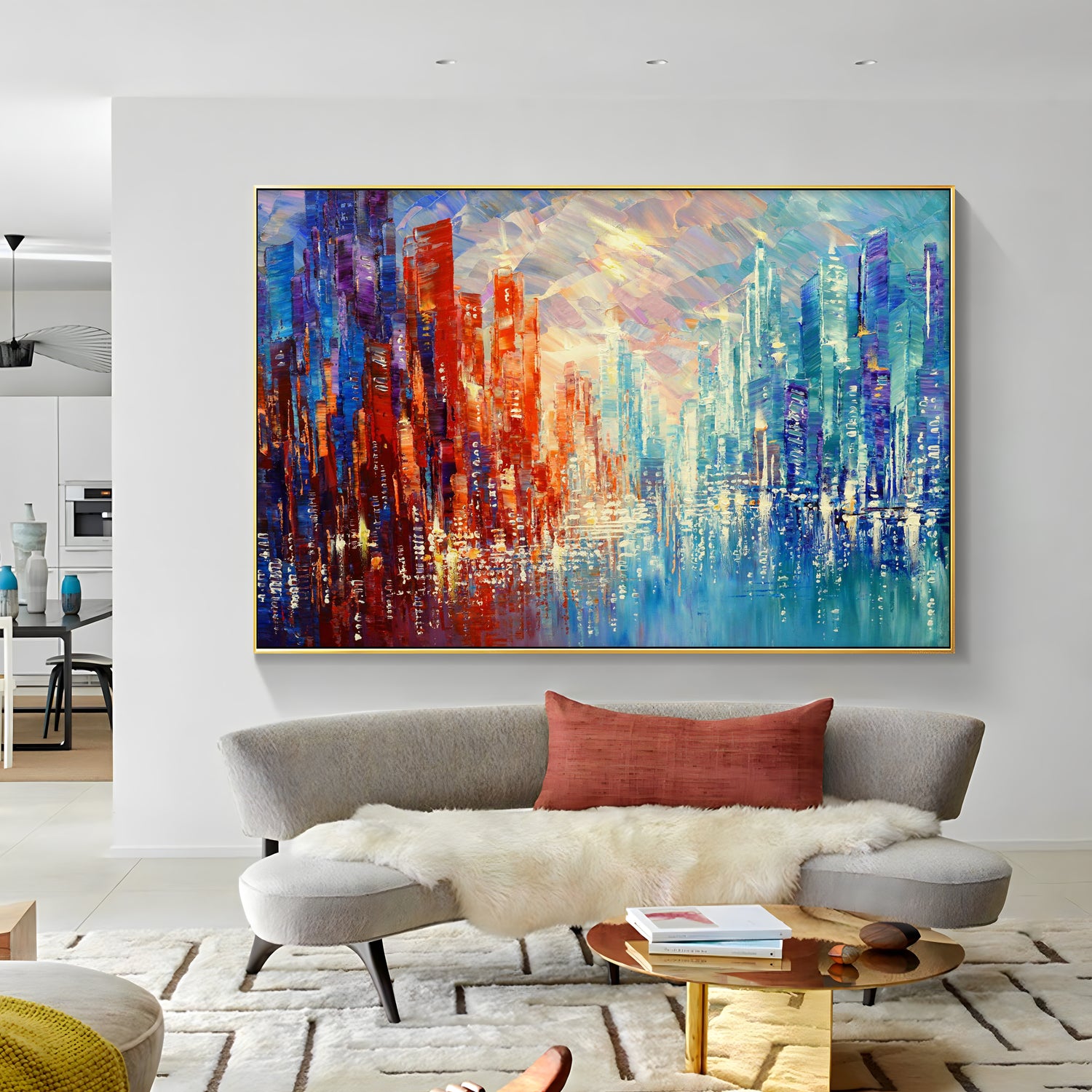 a painting hanging on a wall in a room