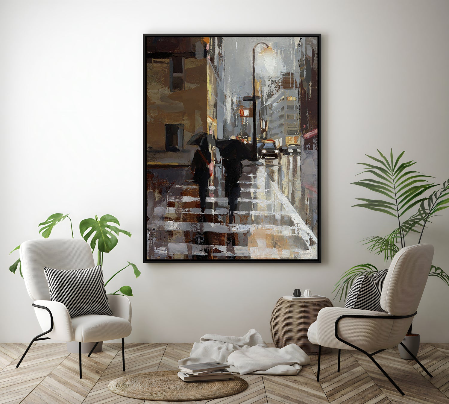 a painting of two people walking down a street